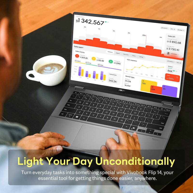 sl 342,567 - - Dono repon Sede statiene  - 27% - Sales  - S 5 890.68 - S 3 720.41 - - - ~ E  1 264.2K 5 132.4K Va usoAItIce - - mt 1.090 - Viatura 56K San Device Type 58% 242.2K 24.578 72% 36-482 2x W - - - a - , - A -  2 - a a . - - - . 2a Q  e - W . "  . E >  ~ R . - A 5 T S T . D Y  e F U - Z  x G O H P C L I V K J Al & e I N M - / A - - - a - a Light Your Day Unconditionally Turn everyday tasks into something special with Vivobook Flip 14, your essential tool for getting things done easier, anywhere.
