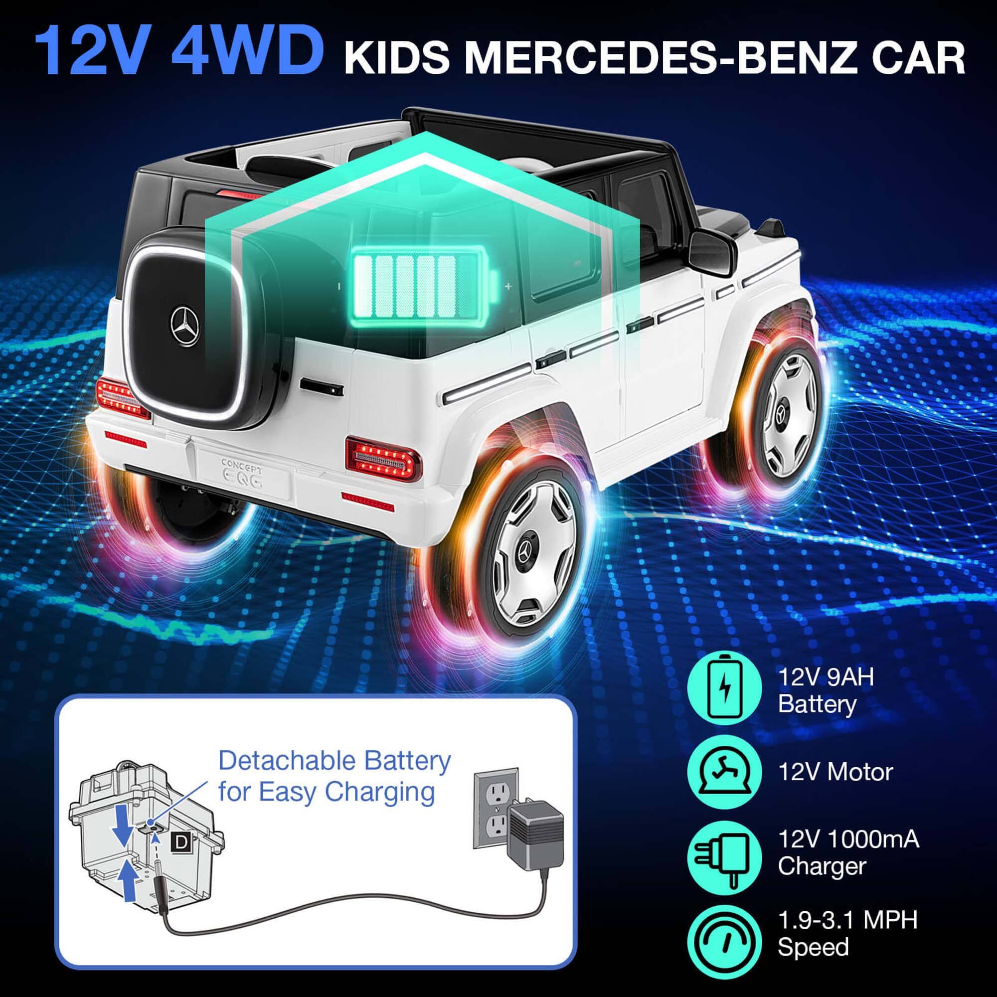 12V 4WD KIDS MERCEDES-BENZ CAR

- Detachable Battery for Easy Charging
- 12V 9AH Battery
- 12V Motor
- 12V 1000mA Charger
- 1.9-3.1 MPH Speed