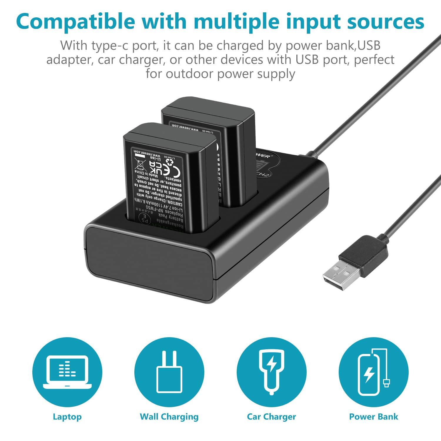 Compatible with multiple input sources

With type-c port, it can be charged by power bank, USB adapter, car charger, or other devices with USB port, perfect for outdoor power supply

Laptop  
Wall Charging  
Car Charger  
Power Bank