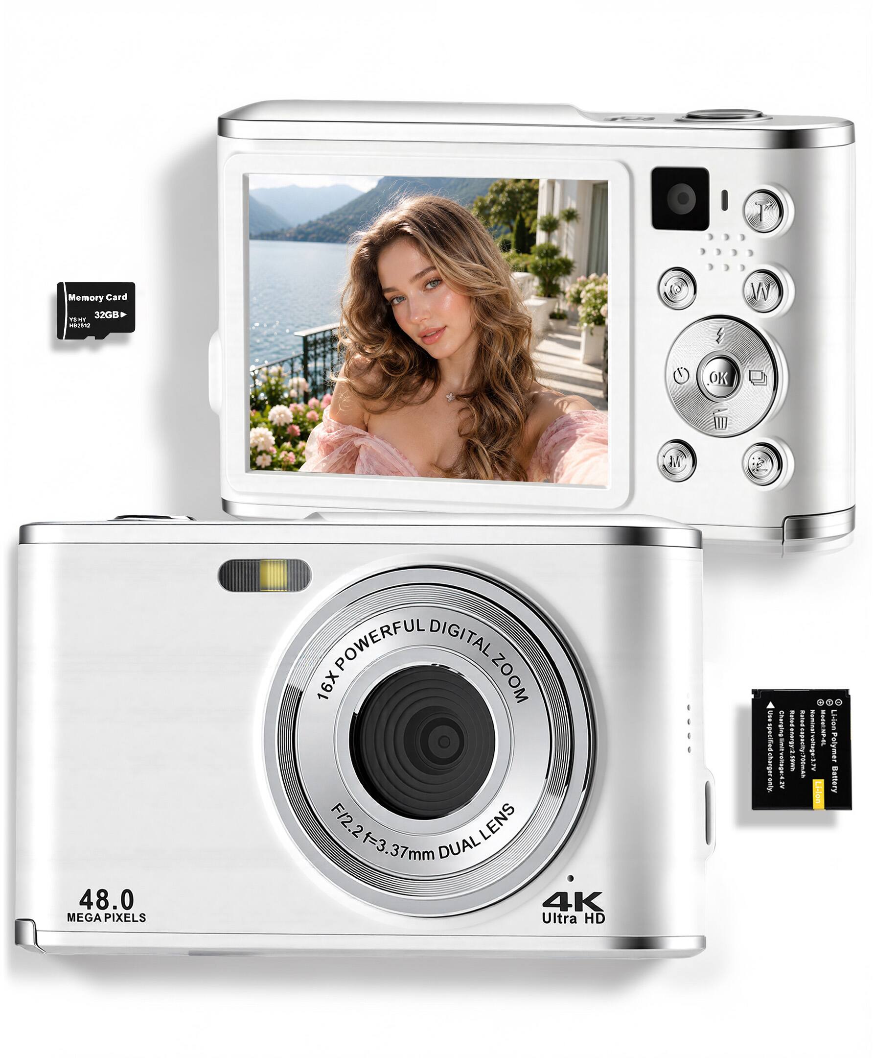 Memory Card 32GB F.M iu W OK M 48.0 MEGA PIXELS POWERFUL DIGITAL 16X ZOOM F12.2=3.37mm F/2.2 LENS mm DUAL 4K Ultra HD a wocdgayndan enly Charging I Liden E I wwwga_dunedesponu VT.Eagatiorlesinen JUKib Polymar I Li-on Battery