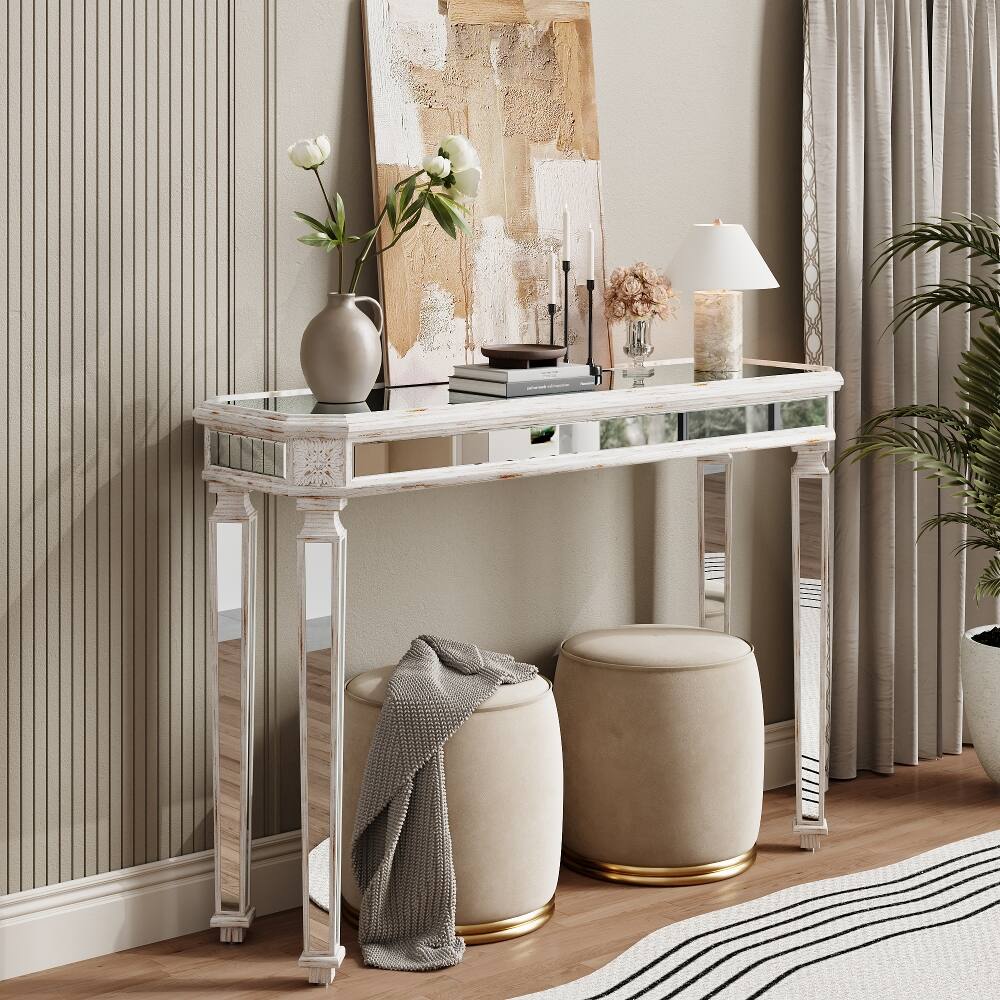 Angle. Loheer - Loheer Mirrored Console Table, Vintage Wood Carved Entryway Table, Curved Sofa Table, Oak and Silver - Oak and Silver.