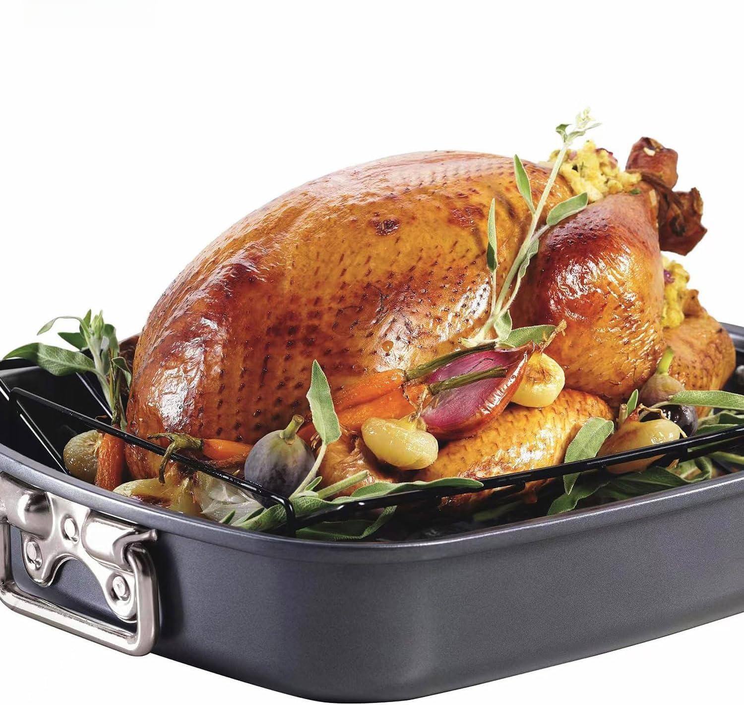 Alt View 4. PARKER SLATER - Roasting Pan 15-inch Non-stick Turkey Roaster Lasagna With V Rack - Rectangular Deep Dish Chicken Roaster-bbq For 14.....