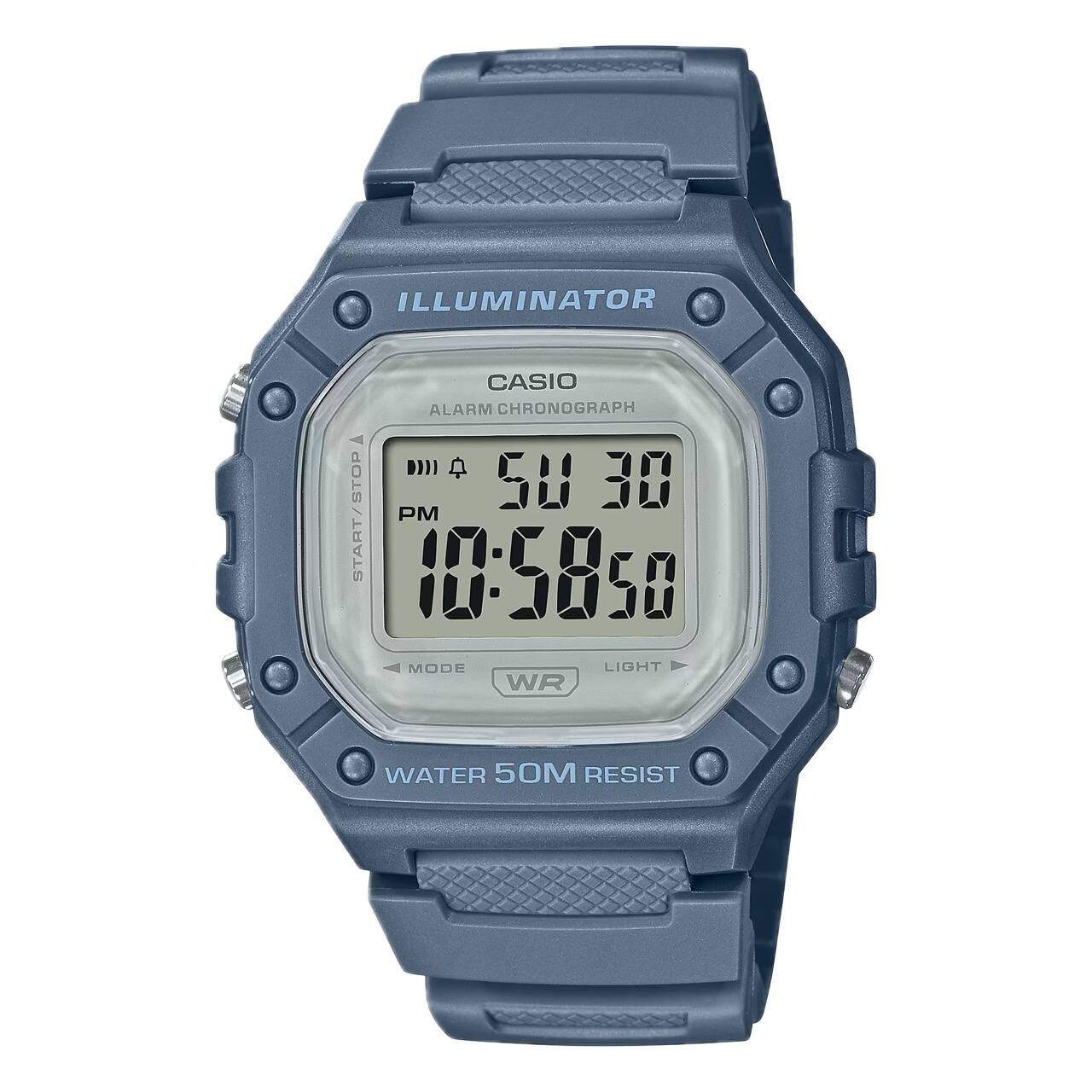 ILLUMINATOR  
CASIO  
ALARM CHRONOGRAPH  
STOP 5U 30 START/STOP  
PM 10:58:50  
MODE LIGHT  
WR WATER 50M RESIST