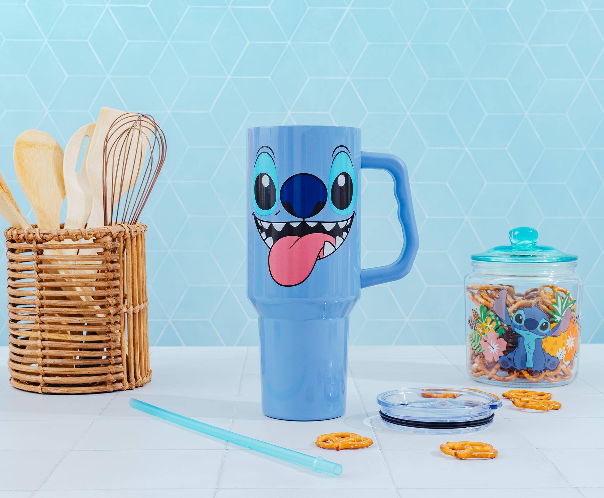 Alt View 2. Silver Buffalo - Disney Lilo & Stitch Face Stainless Steel Tumbler With Handle | Holds 40 Ounces - Blue.