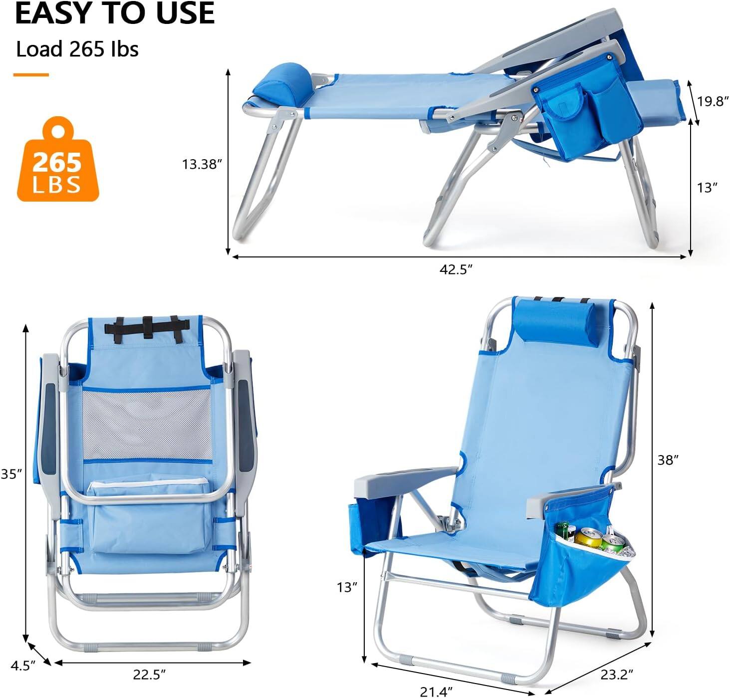 EASY TO USE  
Load 265 lbs  

265 LBS  

19.8"  
13.38"  
13"  
42.5"  
35"  
38"  
13"  
4.5"  
22.5"  
21.4"  
23.2"