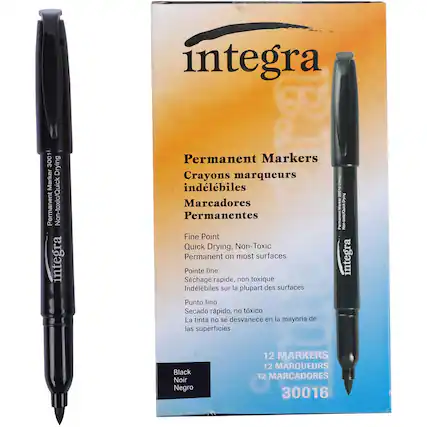 Integra 3001 Drying Marker Permanent Non-toxic/Quick Drying, Integra Permanent Markers Crayons marqueurs indélébiles Marcadores Permanentes Fine Point Quick Drying, Non-Toxic Permanent on most surfaces Pointe fine Sèchage rapide, non toxique Indélébiles sur la plupart des surfaces Punto fino Secado rápido, no tóxico La tinta no se desvanece en la mayoría de las superficies 200 Ban Ferment notino integra Black Noir Negro 12 MARKERS 12 MARQUEURS 12 MARCADORES 30016