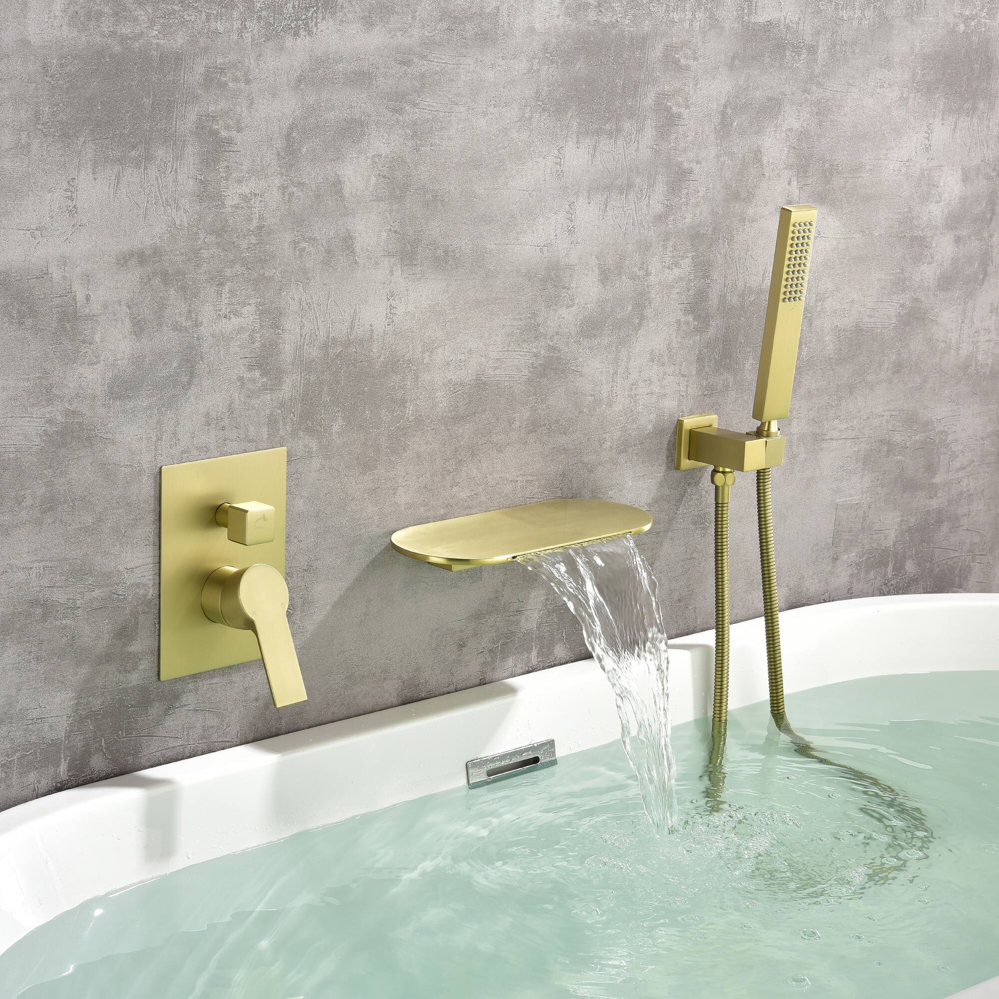 Alt View 3. Boyel Living - Brushed Gold Wall Mount Bathtub Faucet Brass SUS304 2-Function Valve Waterfall Spout Handheld 60-Inch Hose cUPC - Brushed Gold.