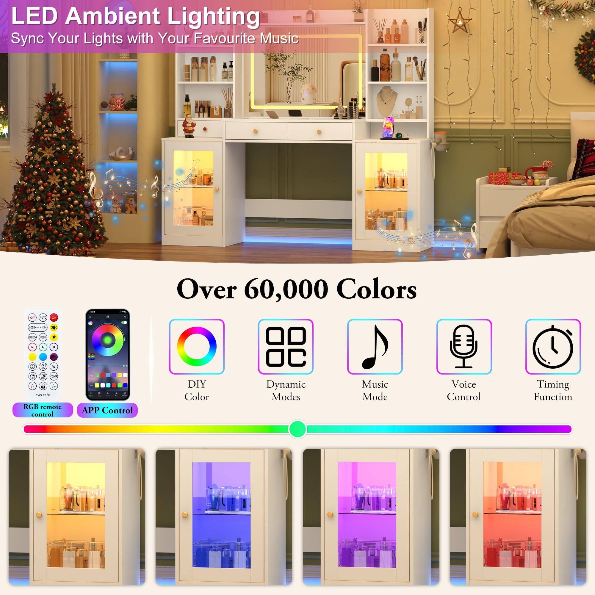 LED Ambient Lighting  
Sync Your Lights with Your Favourite Music

Over 60,000 Colors

- RGB remote control
- APP Control
- DIY Color
- Dynamic Modes
- Music Mode
- Voice Control
- Timing Function