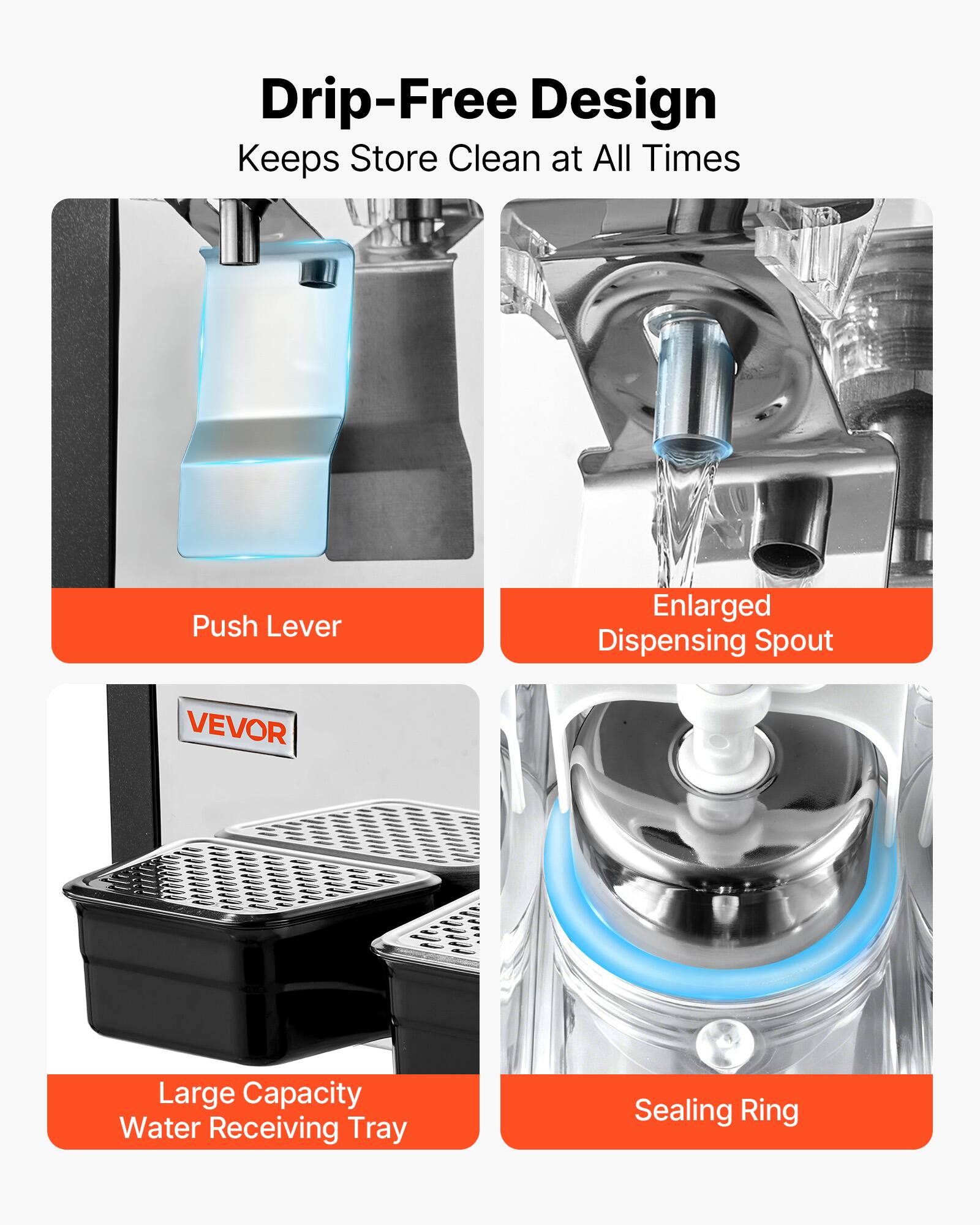 Drip-Free Design Keeps Store Clean at All Times

- Push Lever
- Enlarged Dispensing Spout
- Large Capacity Water Receiving Tray
- Sealing Ring