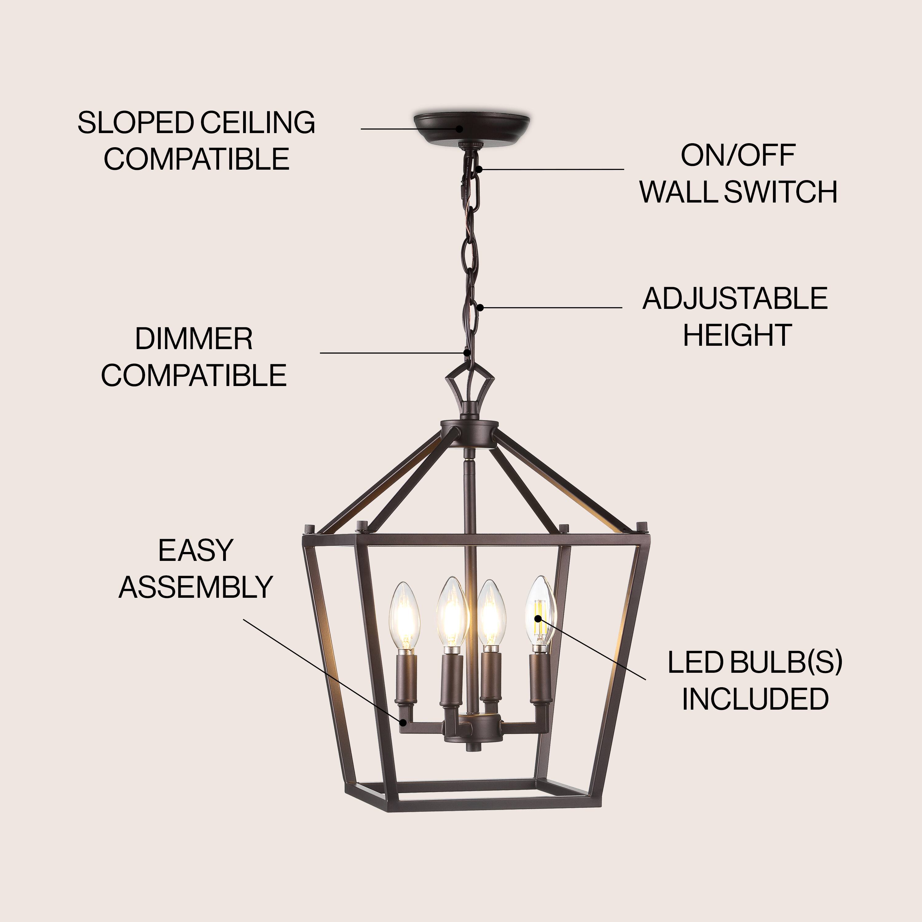 SLOPED CEILING COMPATIBLE  
ON/OFF WALL SWITCH  
DIMMER COMPATIBLE  
ADJUSTABLE HEIGHT  
EASY ASSEMBLY  
LED BULB(S) INCLUDED
