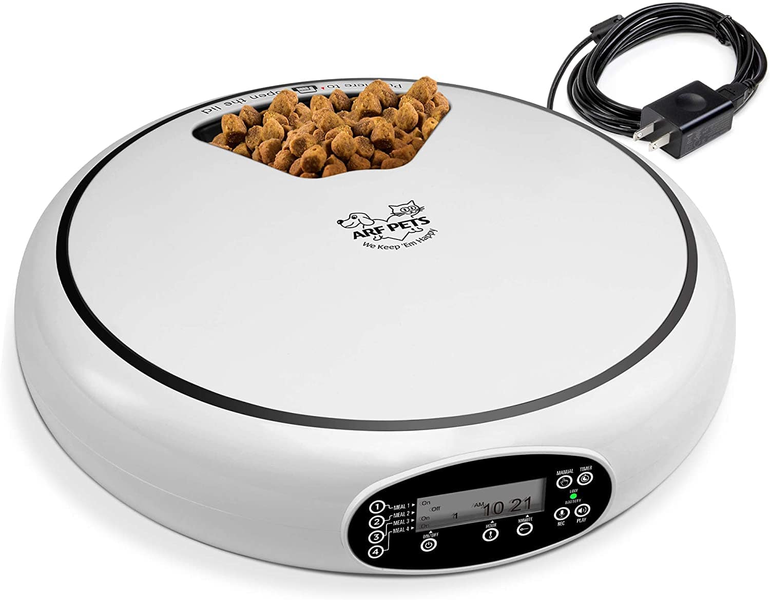 Arf Pets - Automatic Pet Feeder, 5-Meal Dispenser for Dogs, Cats & Small Pets w/Timer, Dishwasher-Safe Tray, Adapter - White