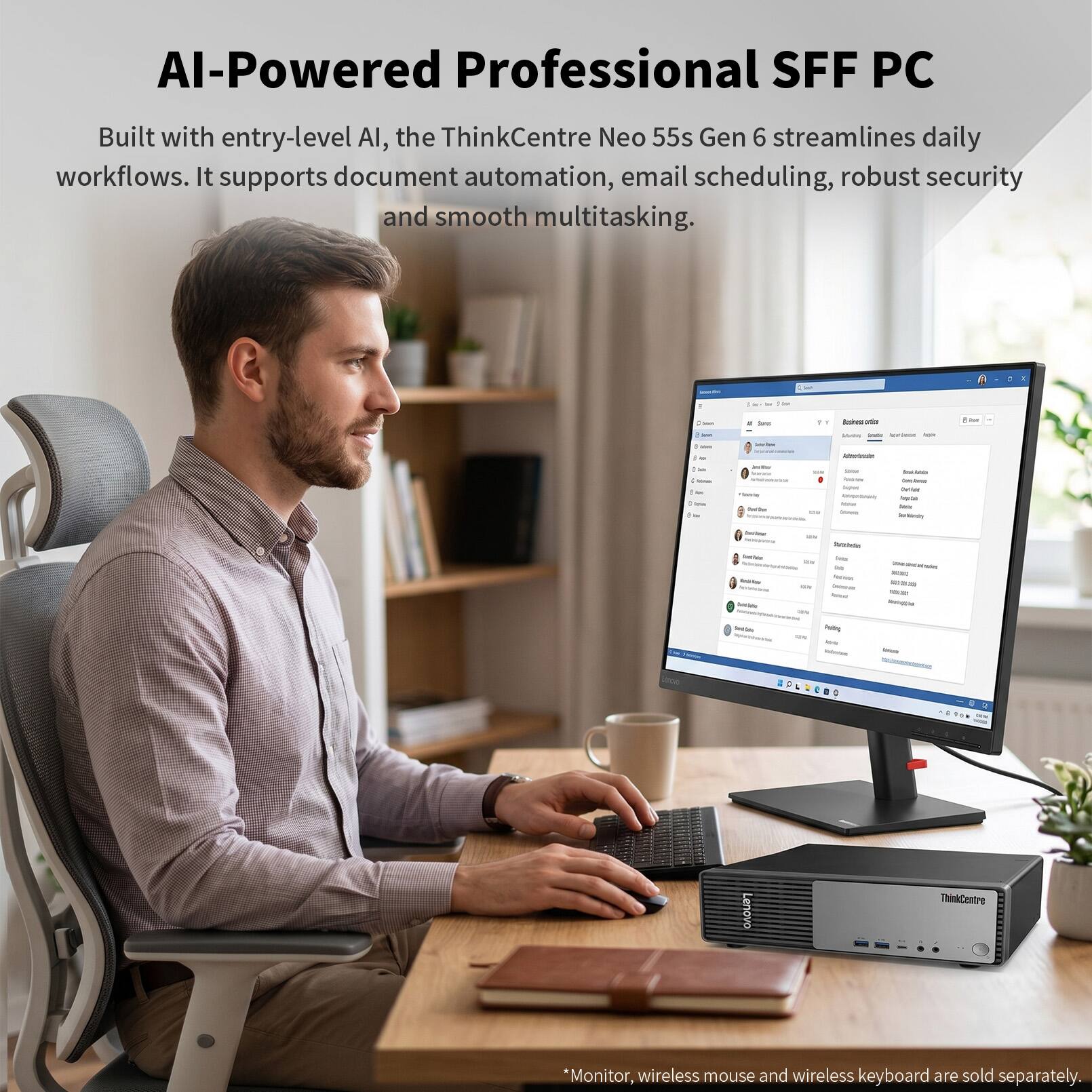 AI-Powered Professional SFF PC

Built with entry-level AI, the ThinkCentre Neo 55s Gen 6 streamlines daily workflows. It supports document automation, email scheduling, robust security and smooth multitasking.

*Monitor, wireless mouse and wireless keyboard are sold separately.