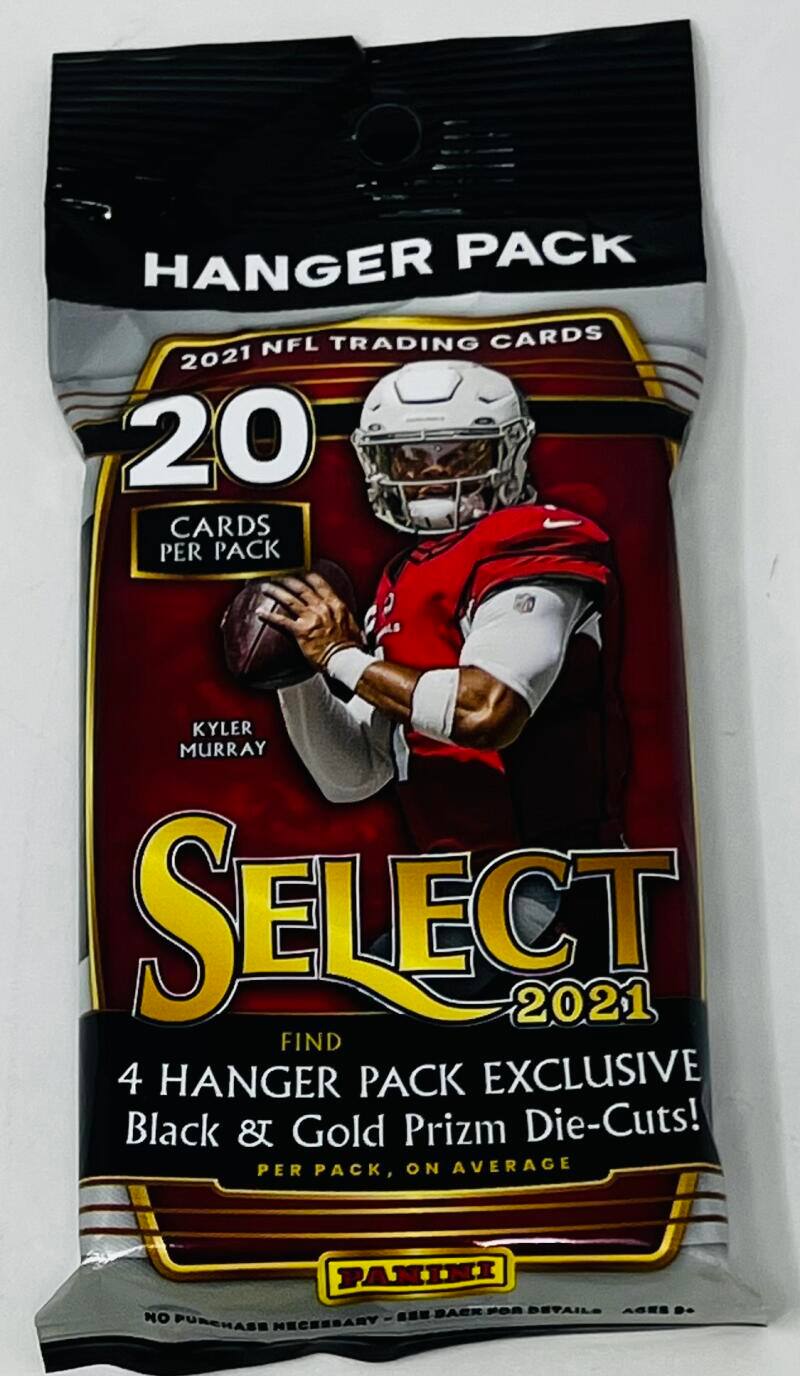 HANGER PACK NFL TRADING CARDS 2021 20 CARDS PER PACK

KYLER MURRAY SELECT 2021 FIND 4 HANGER PACK EXCLUSIVE Black & Gold Prizm Die-Cuts! PER PACK, ON AVERAGE

PANINI BACK FOR DETAILS AGES 24 NO PURCHASE NECESSARY