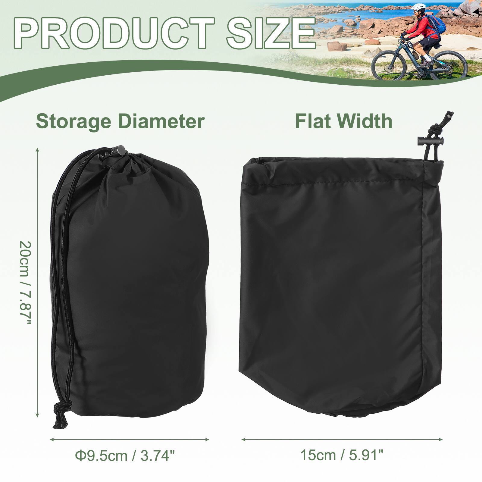 PRODUCT SIZE

Storage Diameter  
20cm / 7.87"  
Ø9.5cm / 3.74"

Flat Width  
15cm / 5.91"