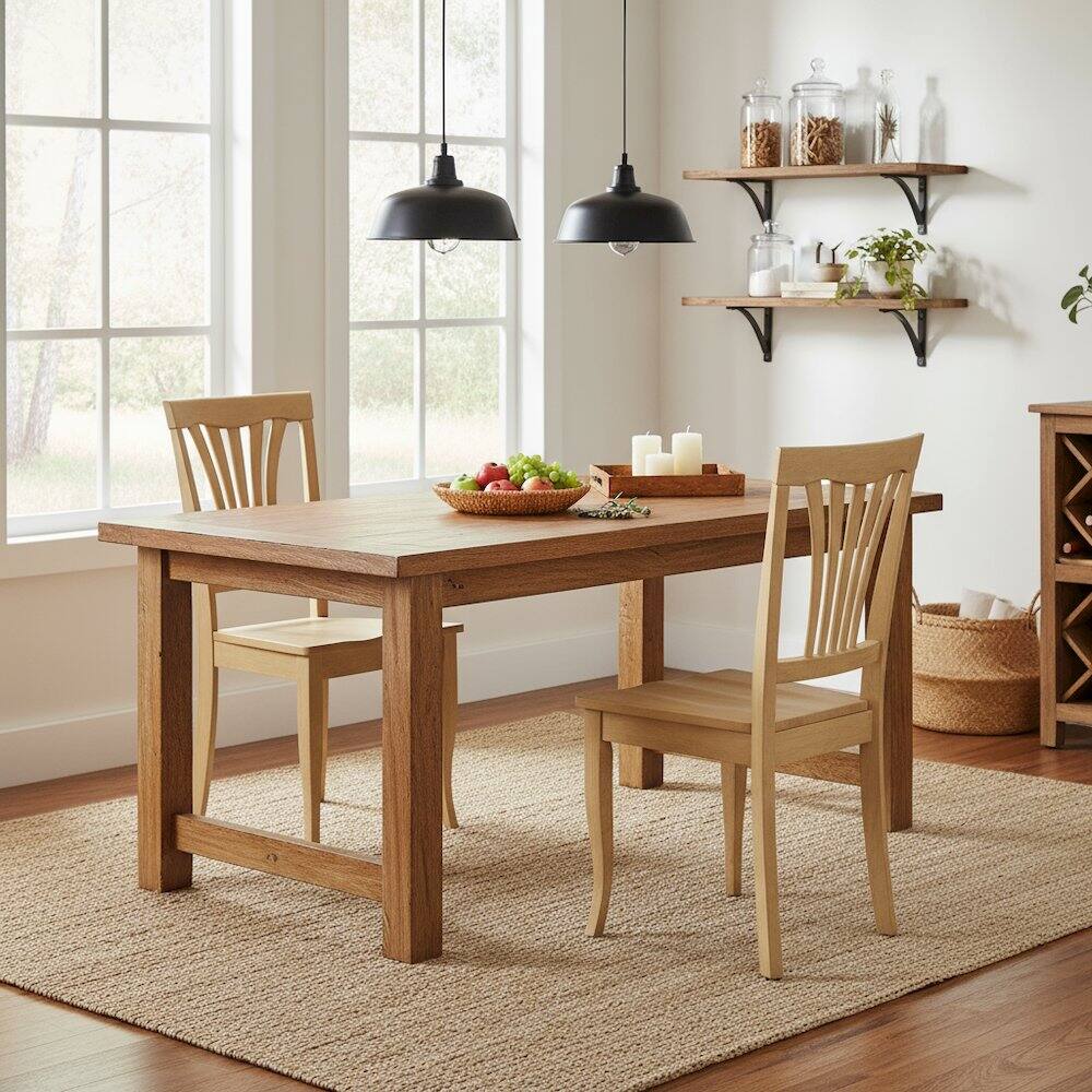 Left. FurniFact - Wood Seat Dining Chair Set of 2, Vertical Slatted Back Oak Finish Classic Design - Oak.