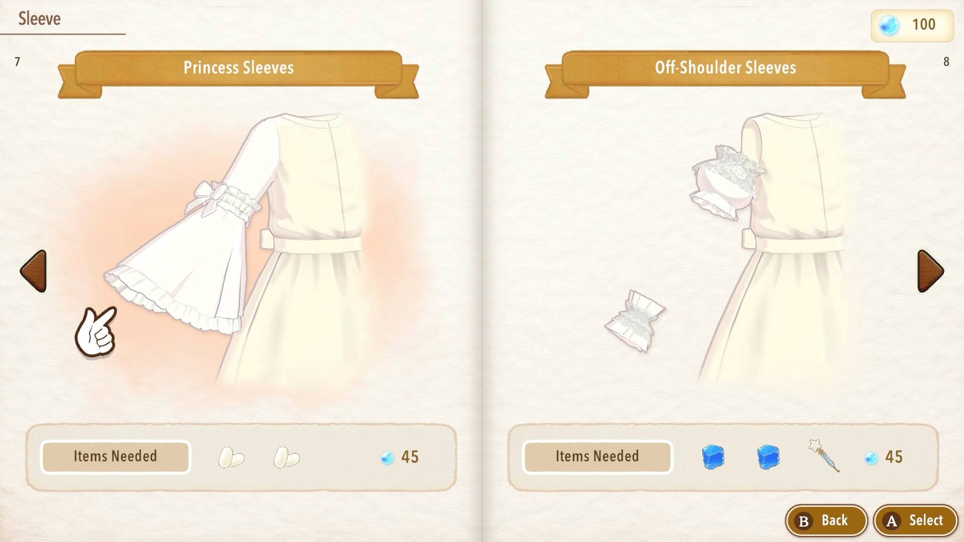 Sleeve

7

Princess Sleeves

Items Needed: 45

100

Off-Shoulder Sleeves

8

Items Needed: 45

B Back

A Select