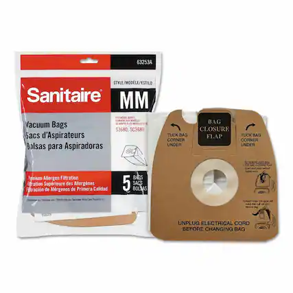 Sure, here is the corrected and grouped text from the image:
---
**Sanitaire**
**Vacuum Bags**
**Sacs d'Aspirateurs**
**Bolsas para Aspiradoras**
**Premium Allergen Filtration**
**Filtration Supérieure des Allergènes**
**Filtración de Alérgenos de Primera Calidad**
**5 BAGS**
**5 SACS**
**5 BOLSAS**
**FITS MODEL SERIES**
**CONVIENE A LOS MODELOS DE**
**S3680, SC3680**
**Distributed by / Distribuidor por / Distribuidor por Electrolux Home Care Products Inc.**
**BAG CLOSURE FLAP**
**TUCK BAG CORNER UNDER**
**UNPLUG ELECTRICAL CORD BEFORE CHANGING BAG**
**TO REMOVE DUST BAG**
**down and push behind rubber seal.**
**2. Insert finger into upper slot and pull out and remove bag.**
**63253A**
---
This text is organized to reflect the information on the packaging and instructions for use.