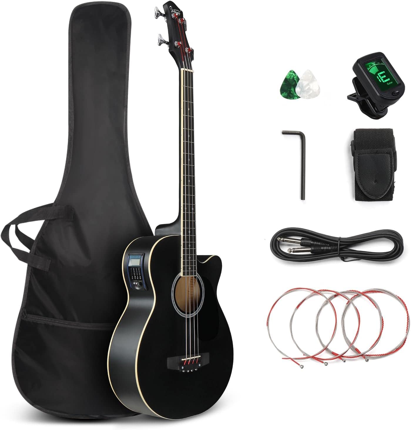 Winado - Full Size Acoustic Electric Bass Guitar Beginner Kit, Cutaway 4 Strings Electric Acoustic Bass Guitar w/Inbuilt Tuner