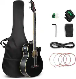 Winado - Full Size Acoustic Electric Bass Guitar Beginner Kit, Cutaway 4 Strings Electric Acoustic Bass Guitar w/Inbuilt Tuner