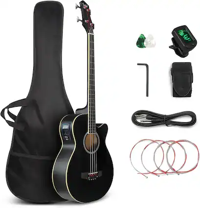 Front. Winado - Full Size Acoustic Electric Bass Guitar Beginner Kit, Cutaway 4 Strings Electric Acoustic Bass Guitar w/Inbuilt Tuner.