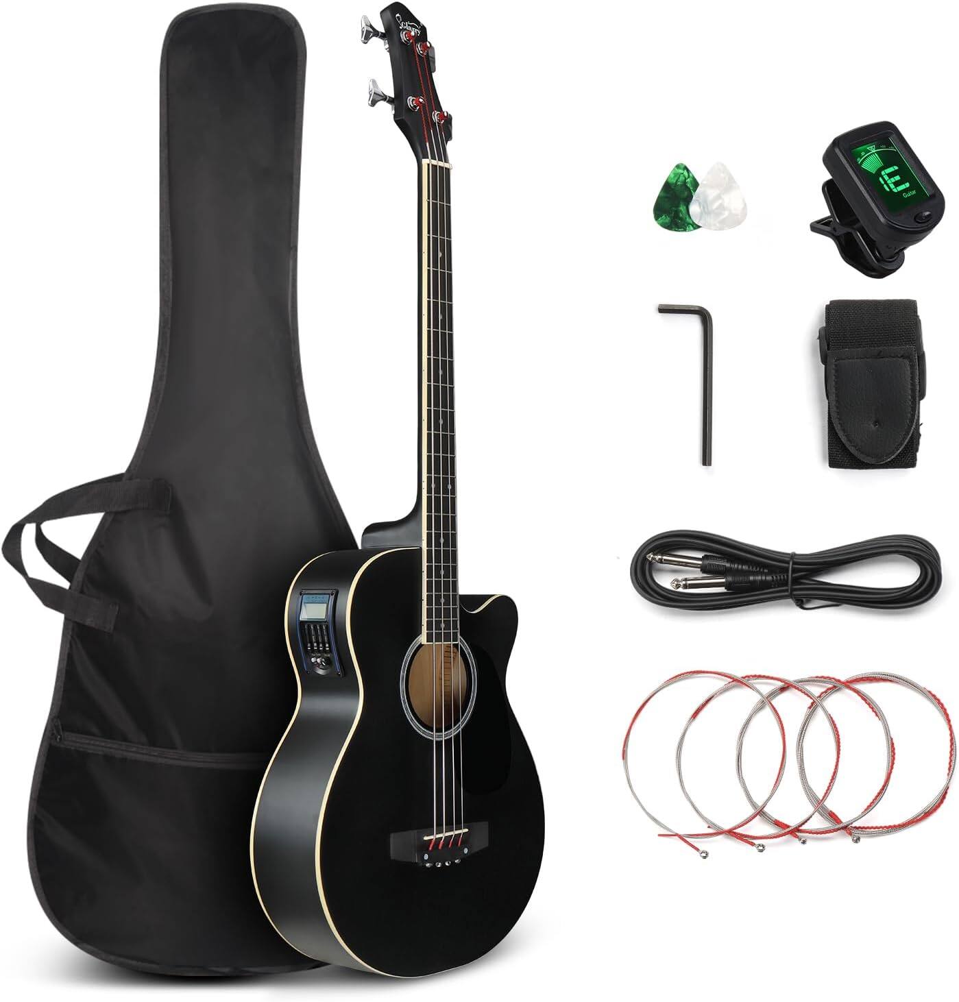 Front. Winado - Full Size Acoustic Electric Bass Guitar Beginner Kit, Cutaway 4 Strings Electric Acoustic Bass Guitar w/Inbuilt Tuner.