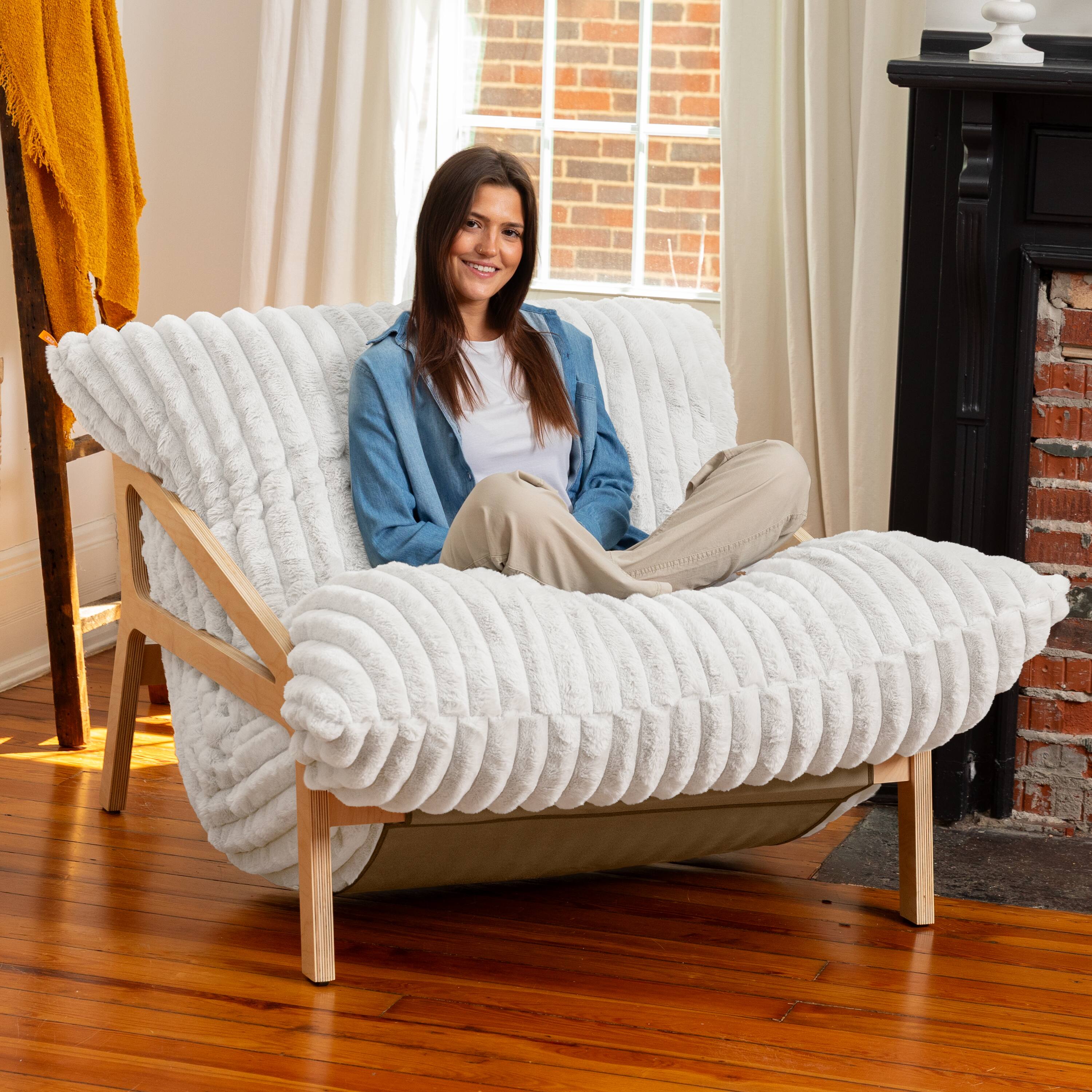 Back. Jaxx - Pillow Saxx Dream Lounger with Wood Frame - 3-in-1 Bean Bag Accent Chair, Recliner & Sleeper Mondo Fur Ivory - Mondo Fur Ivory.