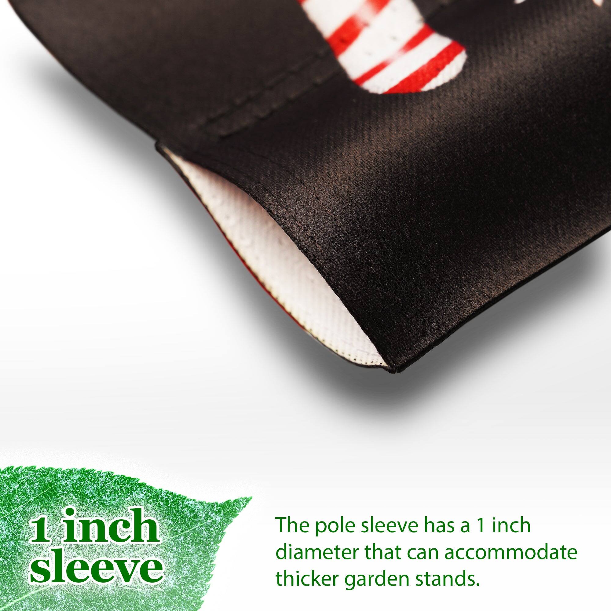 1 inch sleeve

The pole sleeve has a 1 inch diameter that can accommodate thicker garden stands.