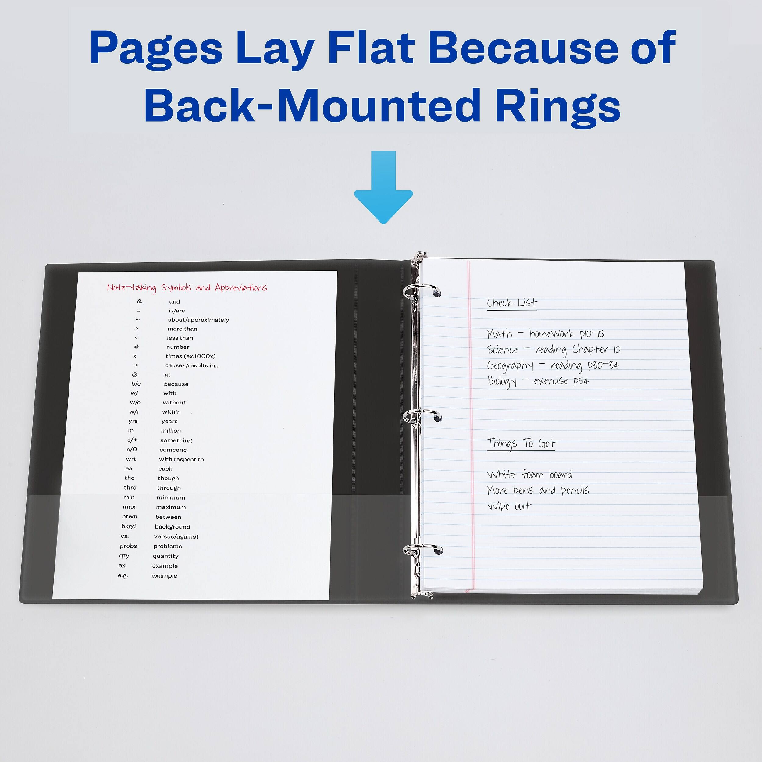 Pages Lay Flat Because of Back-Mounted Rings

Note-taking Symbols and Abbreviations
- & and
- ~ about/approximately
- > more than
- < less than
- # number (1000x)
- -> causes/results in...
- @ at
- b/c because
- w/ with
- w/o without
- w/ within
- yr/a years
- m/ million
- s/o someone
- wrt with respect to
- ea each
- tho though
- thro through
- min minimum
- max maximum
- btw/n between
- bkgd background
- vs. versus/against
- probs problems
- qty quantity
- ex example
- e.g. example

Check List
- Math - homework PIO-15
- Science - reading chapter 10
- Geography - reading P30-34
- Biology - exercise P54

Things To Get
- White foam board
- More pens and pencils
- Wipe out