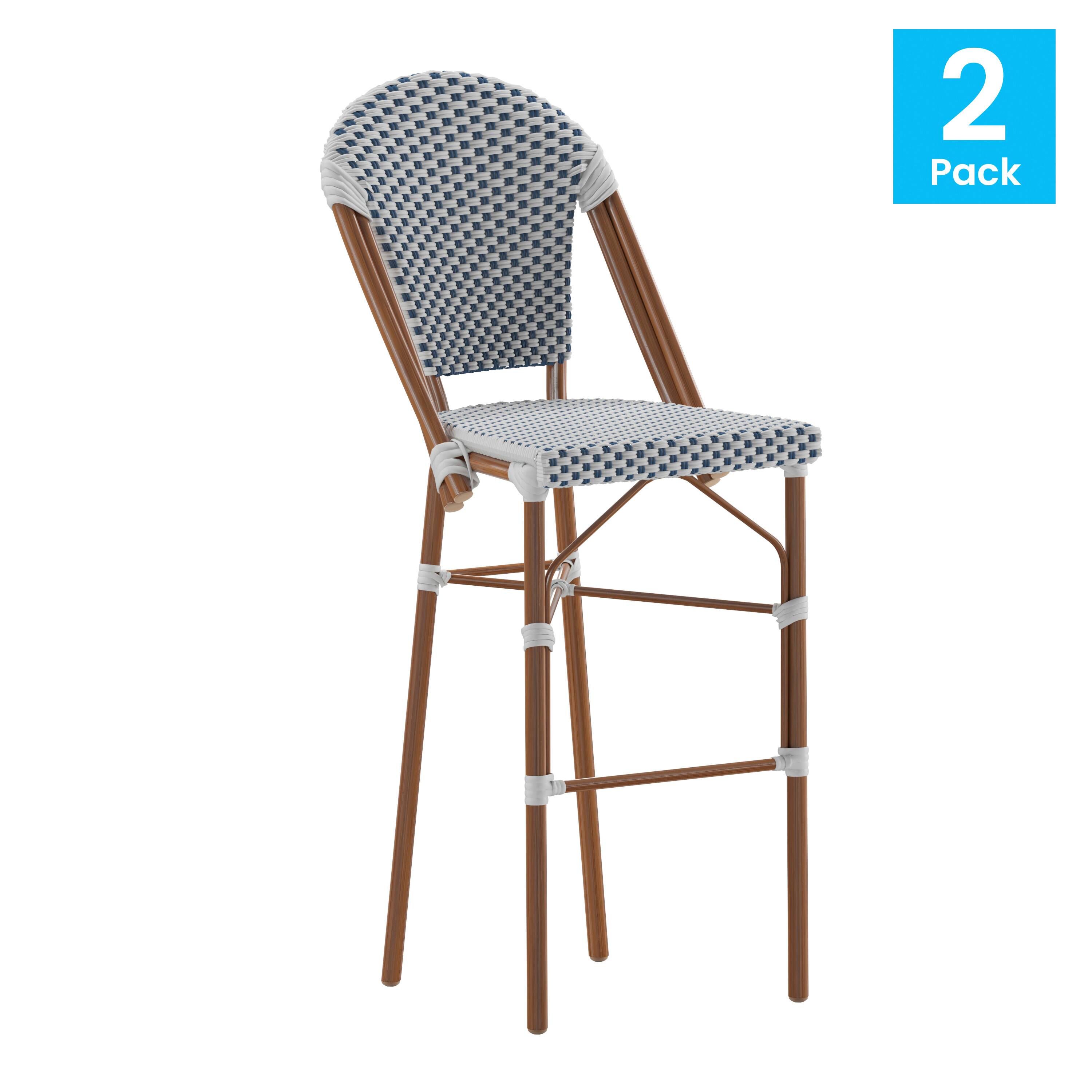 Alt View 1. Emma + Oliver - Colmar Set of Two Indoor/Outdoor 30" High Stacking Bistro Counter Stools with Patterned Seat and Back and Metal Frames - White & Navy/Natural Frame.