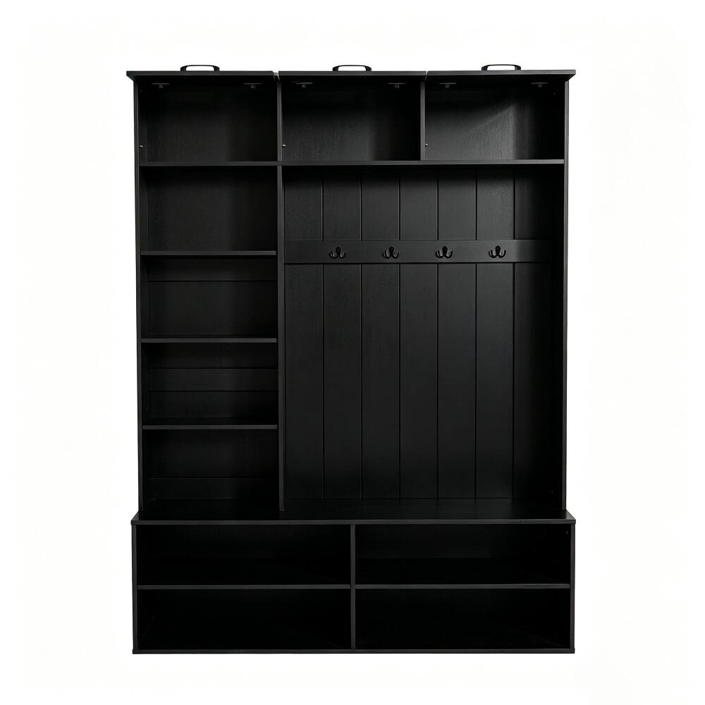Alt View 6. Loheer - Loheer 5-in-1 entryway bench with coat rack, farmhouse hall tree with bench and shoe storage, 76.9 inch tall, Black - Black.