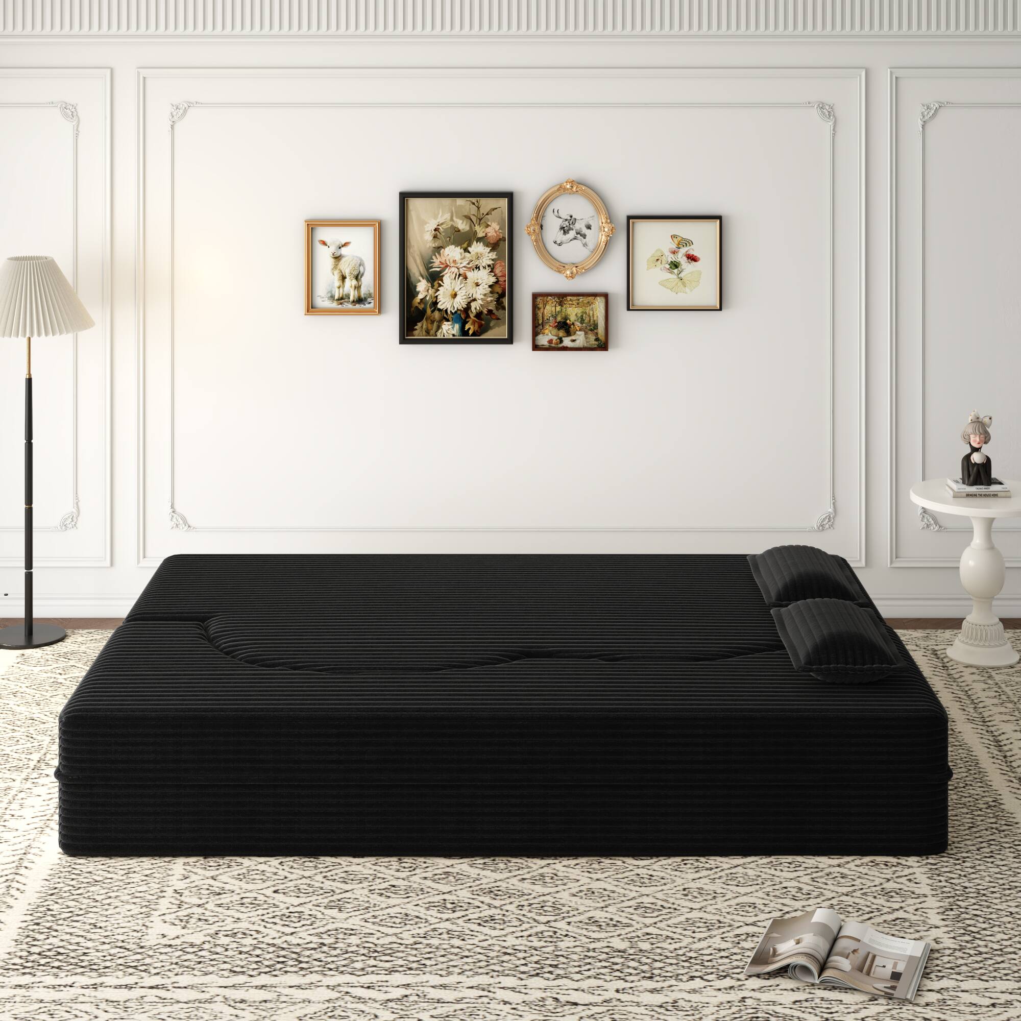 Left. GOODSILO - Convertible Plush Corduroy Floor Sleeper Sofa with Dual Pillows for Living Room and Guest Use - Black.