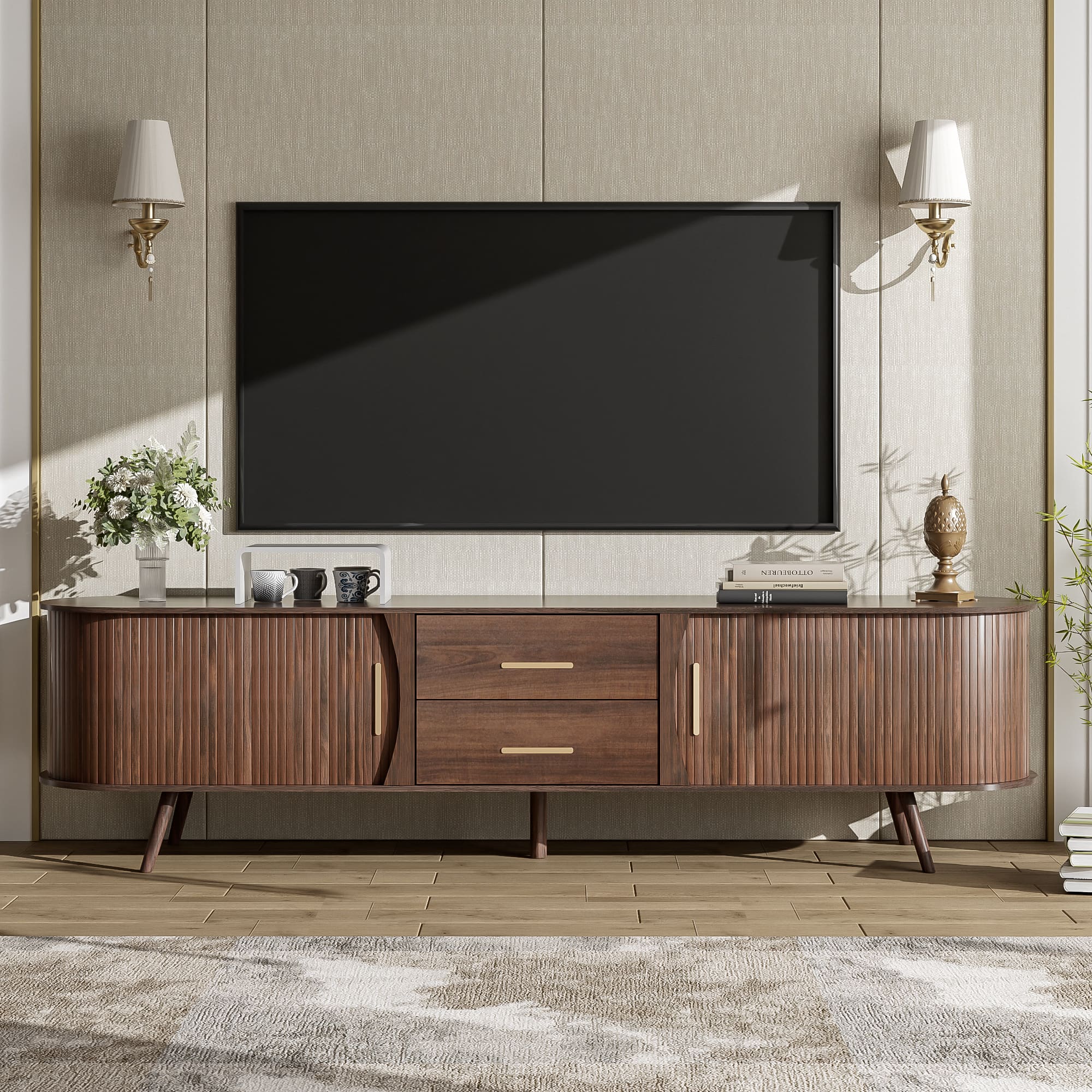 Dexmalle - Dexmalle-Mid-Century TV Stand for 80 Inch TVs Entertainment Center with Storage-Walnut - Brown
