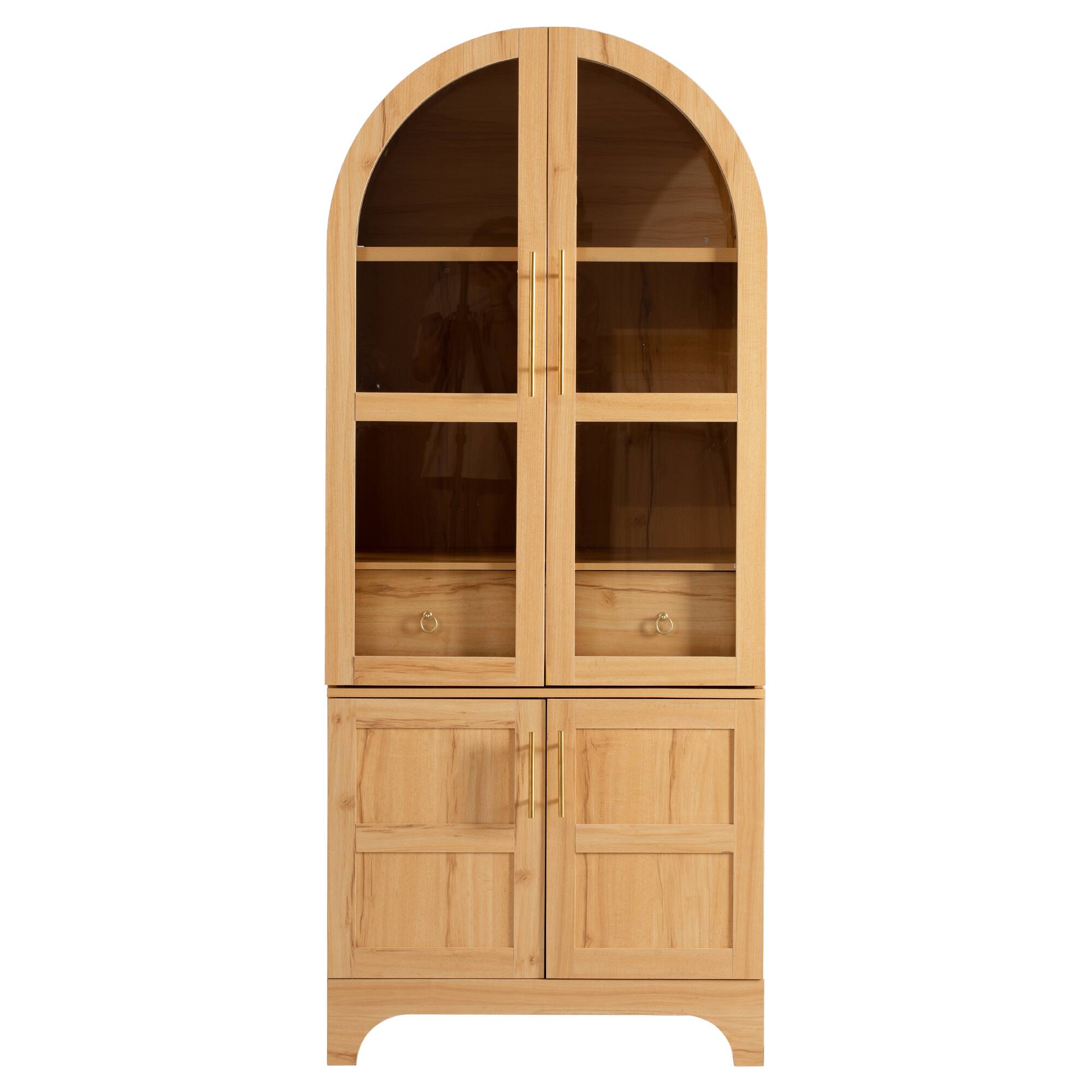 Alt View 6. Bestier - 71-Inch Arched Storage Cabinet with Door Shelves, Adjustable & Open Shelves, Hidden Drawer and Glass Door - Natural.