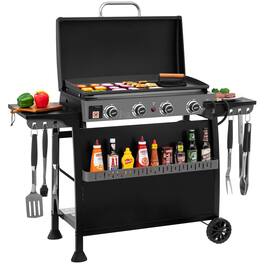 GlowWise - 4-Burner Propane Flat Top Griddle w/ Removable Cart & Hood, Convertible to Tabletop for Camping, Backyard - Blank