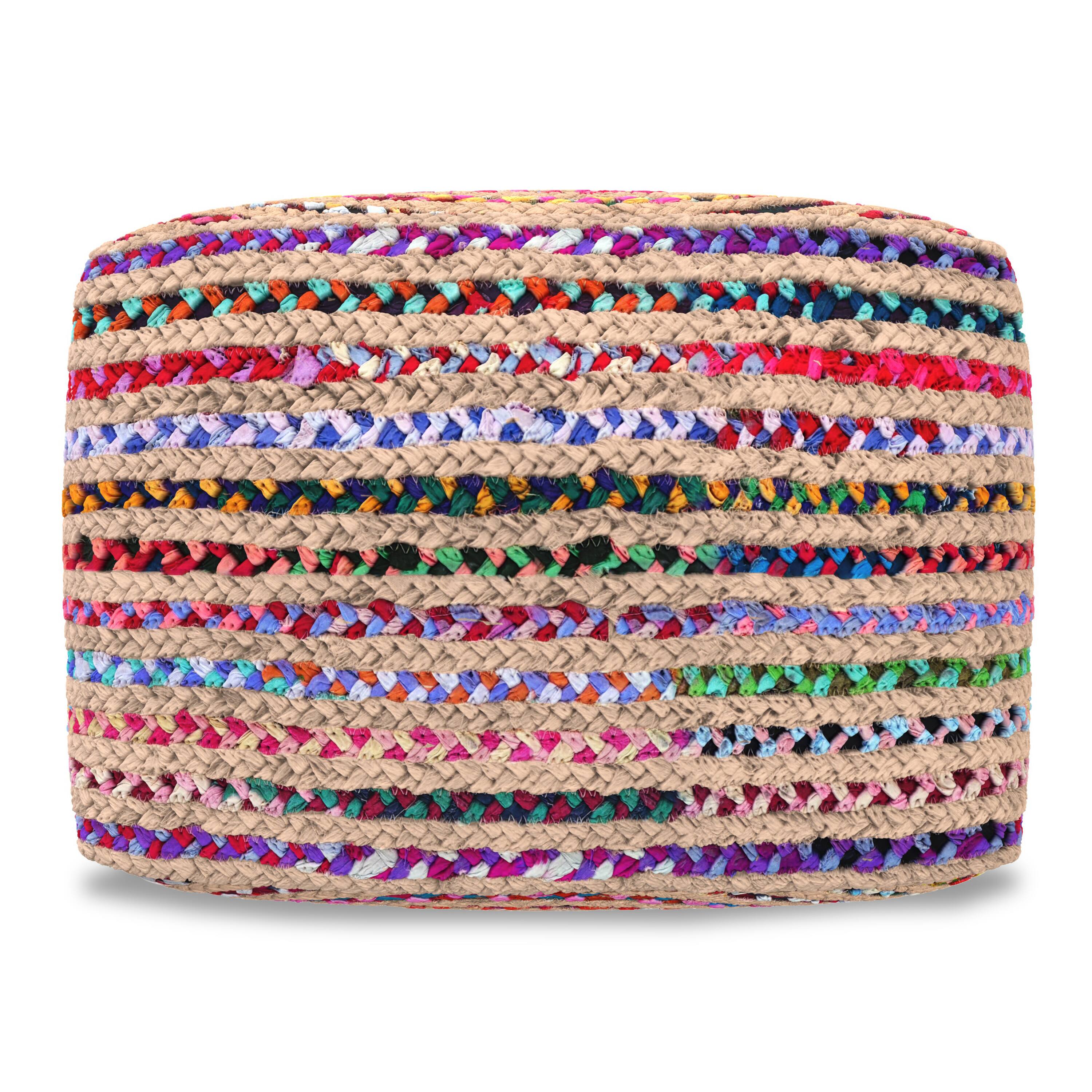 Left. Simpli Home - Margo 20 inch Wide Boho Pouf in Multicolor Natural Jute/Cotton Chindi, Assembled - Multi Color.