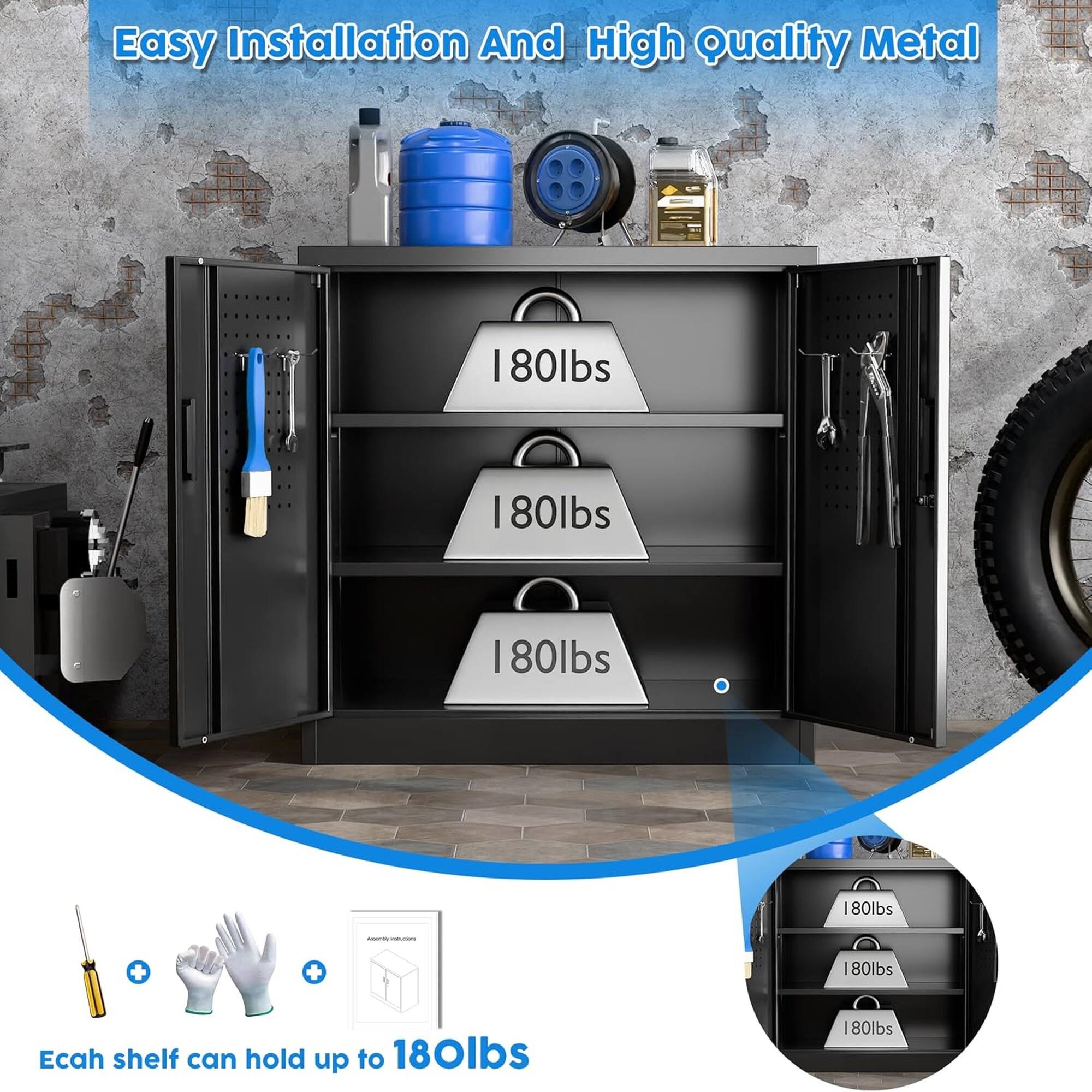 Easy Installation And High Quality Metal

Each shelf can hold up to 180lbs