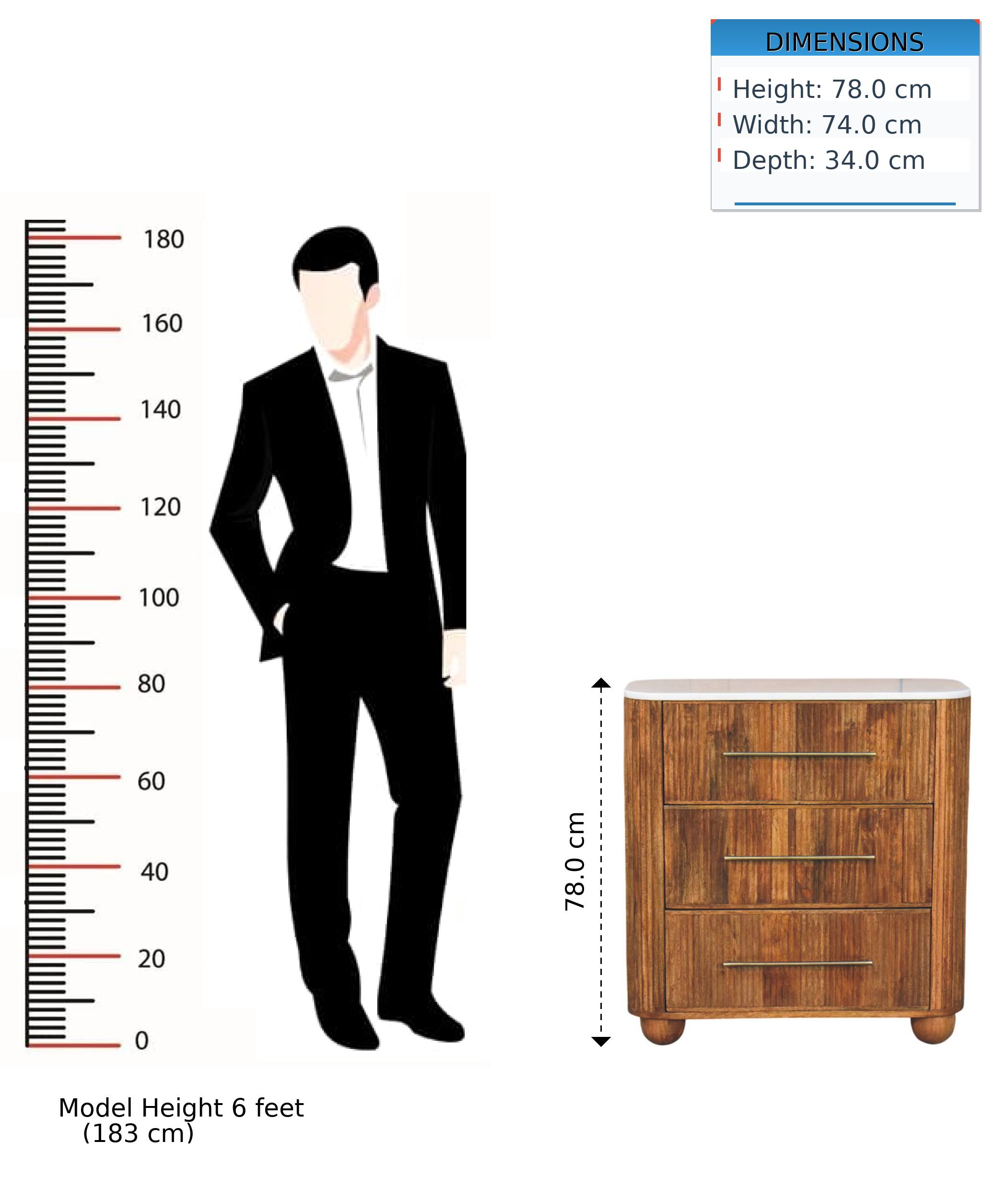 DIMENSIONS  
Height: 78.0 cm  
Width: 74.0 cm  
Depth: 34.0 cm  

Model Height: 6 feet (183 cm)