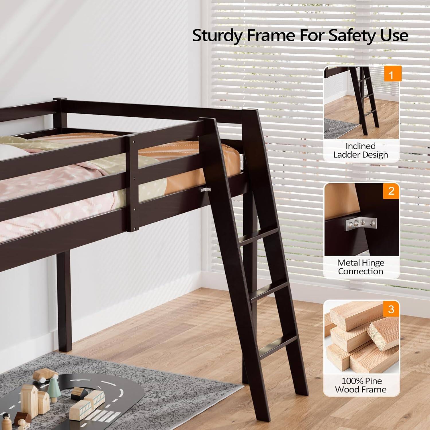 Sturdy Frame For Safety Use

1. Inclined Ladder Design
2. Metal Hinge Connection
3. 100% Pine Wood Frame