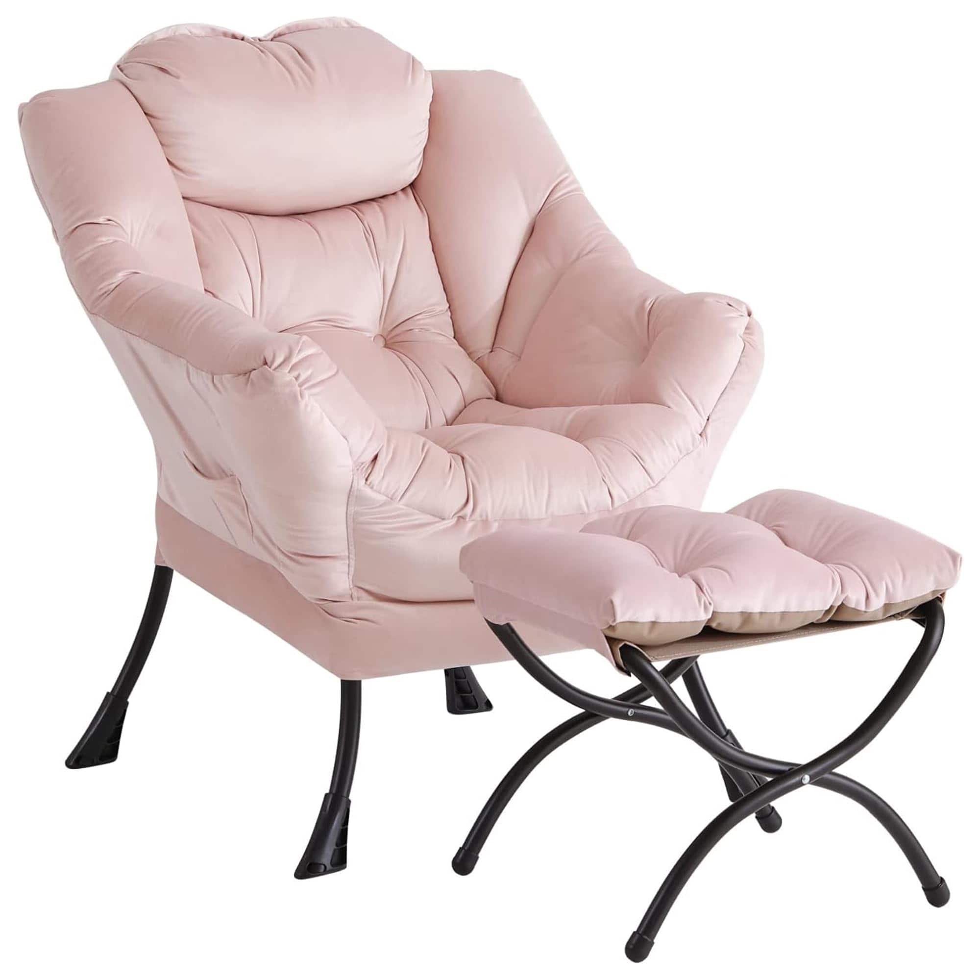 Babevy - Lazy Chair with Ottoman, Modern Lounge Accent Chair, Leisure Sofa Armchair with Footrest & Side Pocket - Velvet Pink