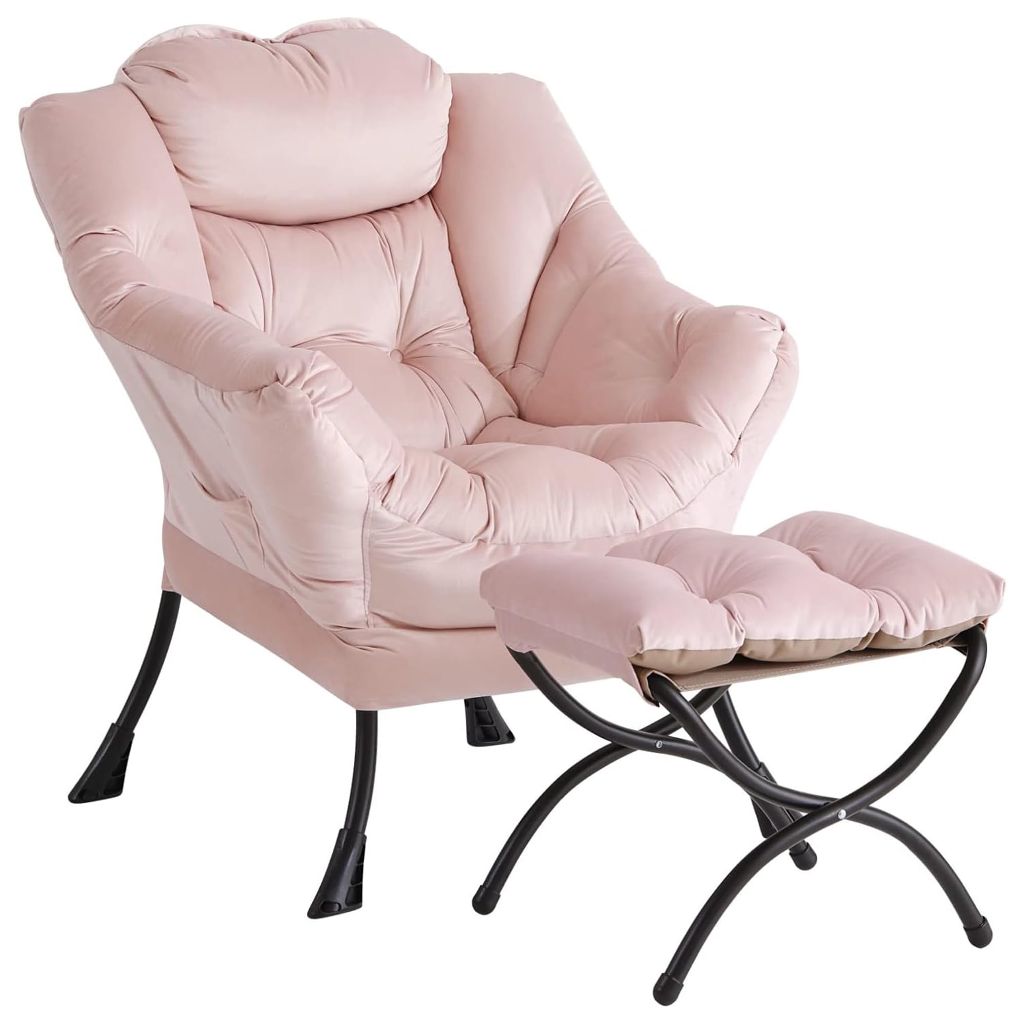 Front. Babevy - Lazy Chair with Ottoman, Modern Lounge Accent Chair, Leisure Sofa Armchair with Footrest & Side Pocket - Velvet Pink.