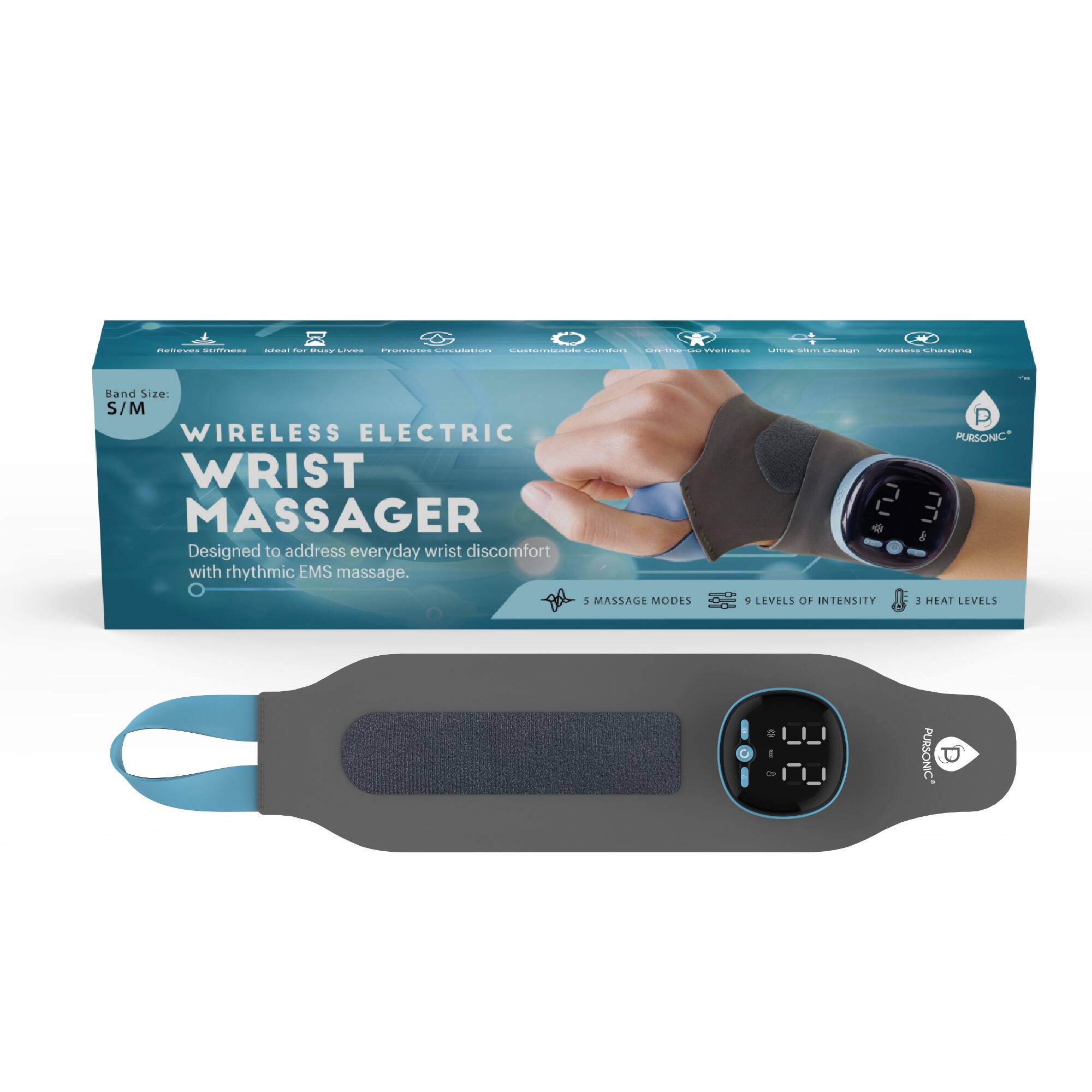 Band Size: S/M
WIRELESS ELECTRIC WRIST MASSAGER
Designed to address everyday wrist discomfort with rhythmic EMS massage.
- 5 MASSAGE MODES
- 9 LEVELS OF INTENSITY
- 3 HEAT LEVELS
PURSONIC