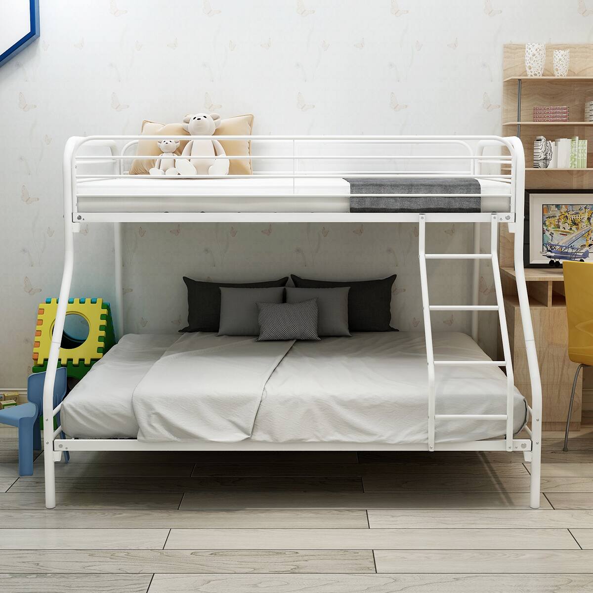 Alt View 3. Ecooso - Twin-Over-Full Metal Bunk Bed, Heavy Duty Bunk Bed,Easy Assembly with Enhanced Upper-Level Guardrail - White.