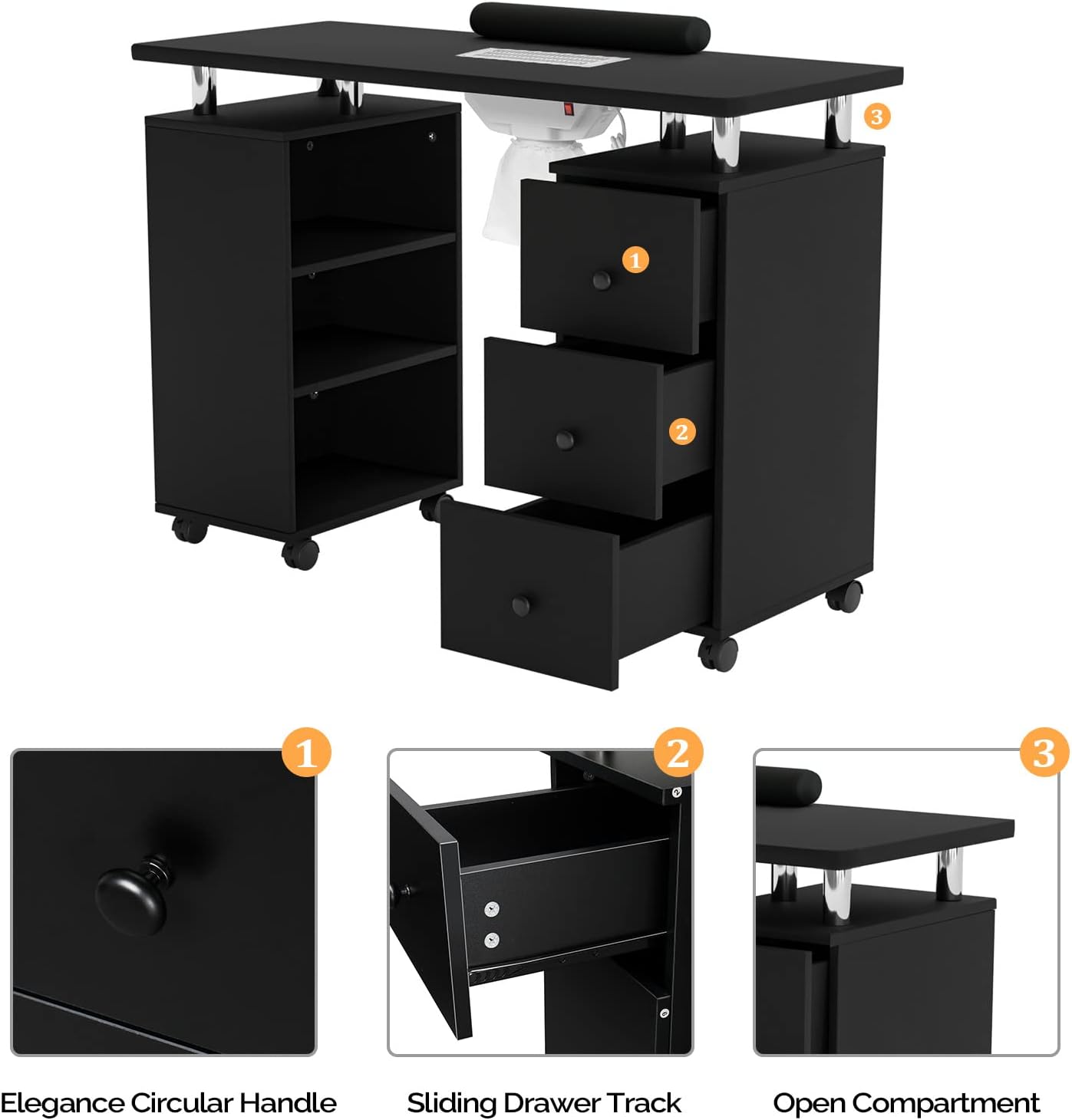 3 1 2 1 2 3 Elegance Circular Handle Sliding Drawer Track Open Compartment