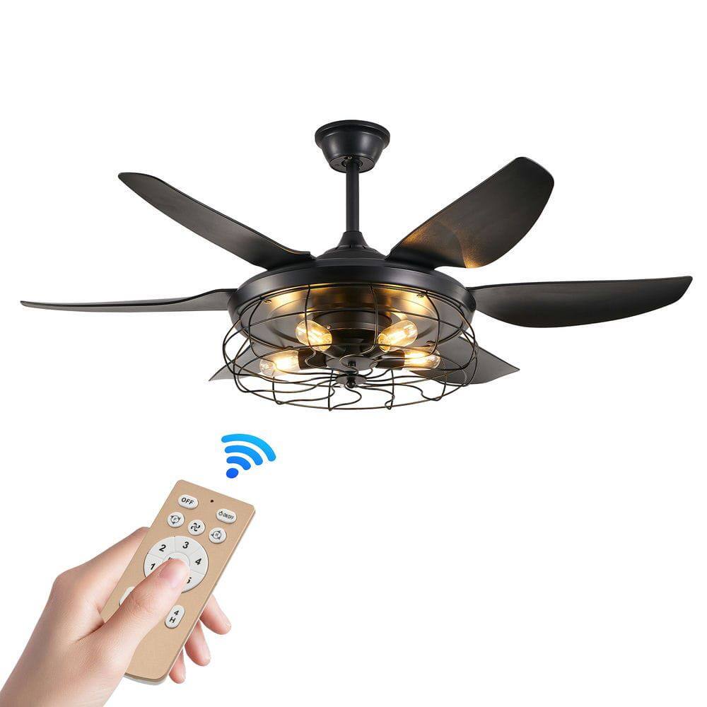 Angle. Kadyn - 52" Modern Black Ceiling Fan with Light, 6 Fan Blades and Industrial Cage Design, Adjustable Speed, Black - Black.