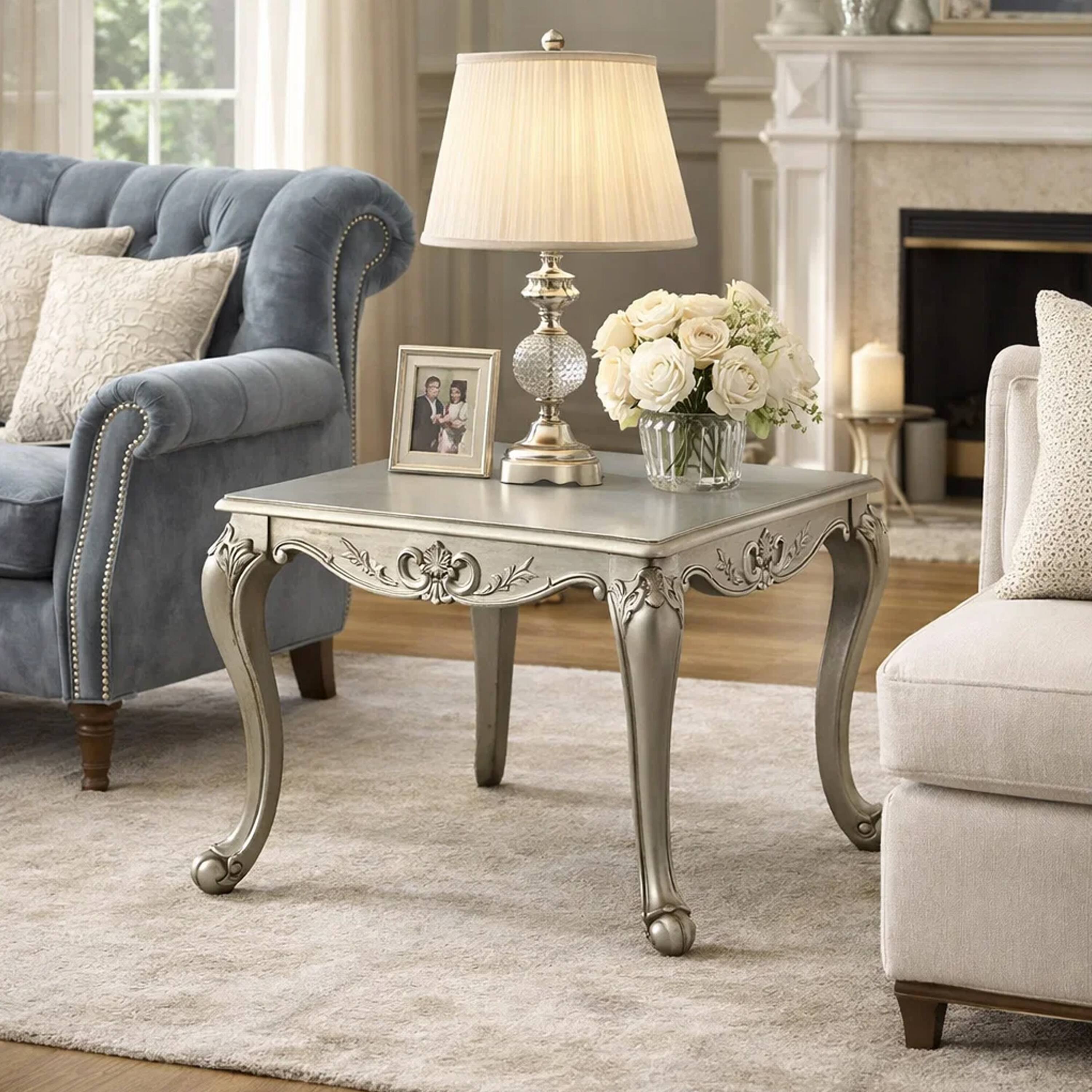 Alt View 7. Manhattan Lane - Miz Side End Table, 28 Inch, Carved Cabriole Legs - Champagne Silver, Gold.