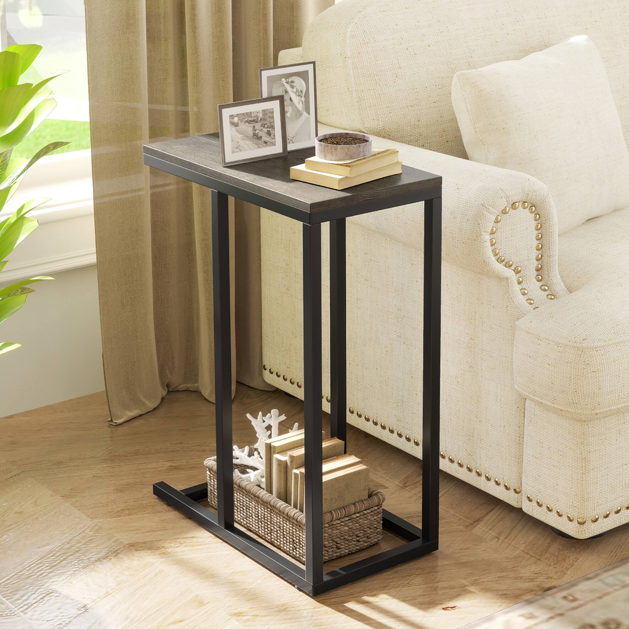 Alt View 2. Gymax - Gymax C-shaped End Table Modern Sofa Side Table w/ Adjustable Foot Pads Rustic Gray & Black - Gray, Black.