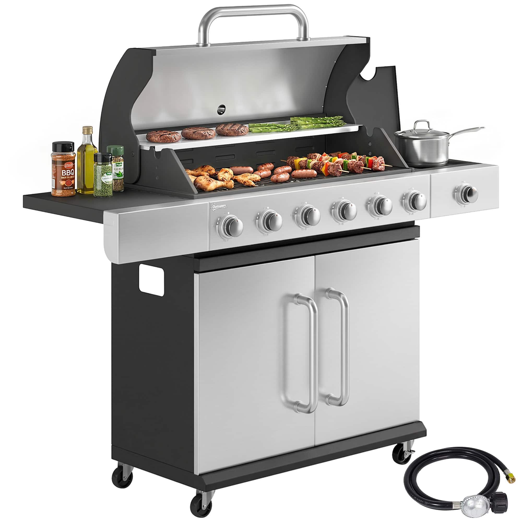 Outsunny - Burner Propane Gas Grill with Side Burner, Barbecue Grill with Cast Iron Grates, Wheels - Black/Silver price history on PriceWatchPro