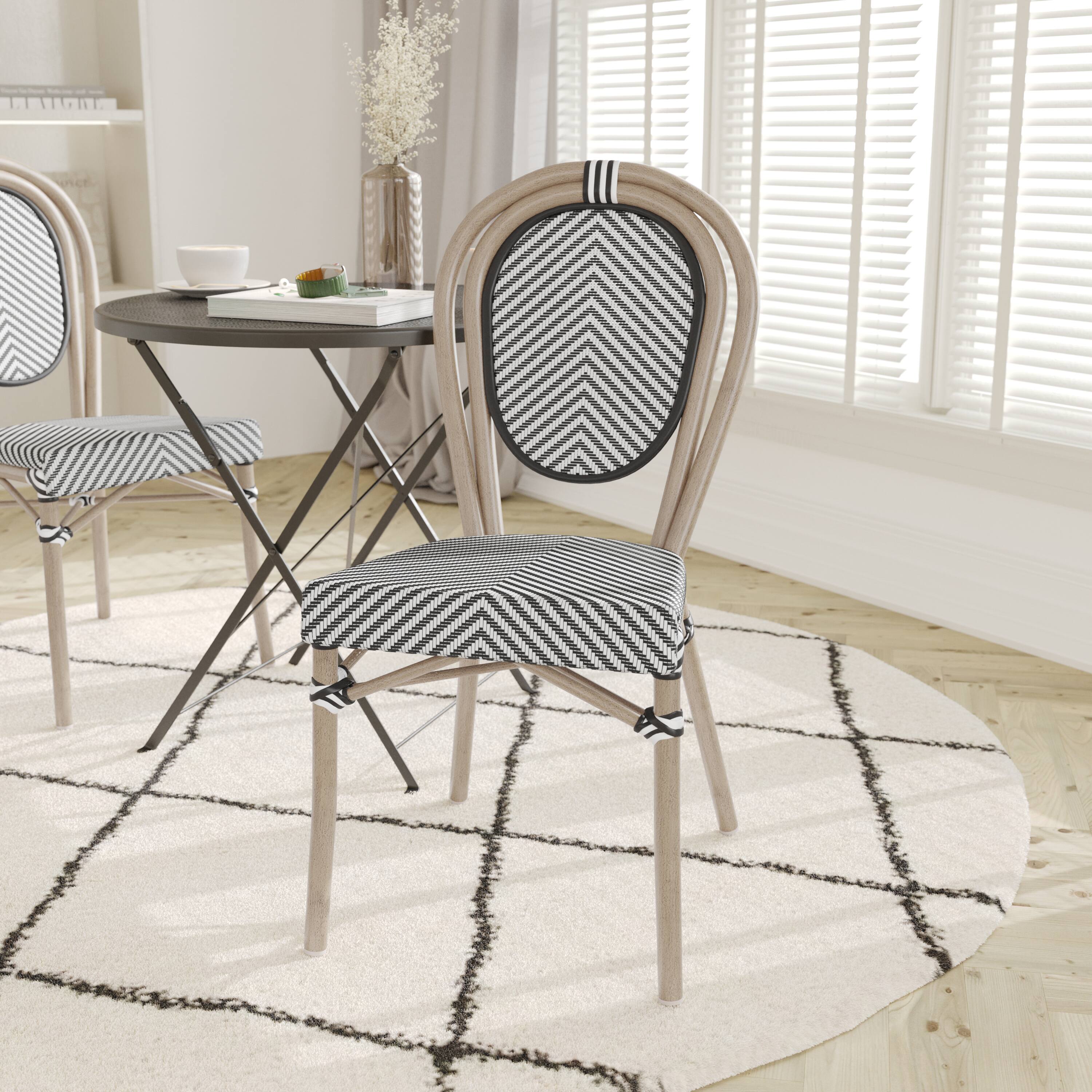 Alt View 1. Emma + Oliver - Massalia Indoor/Outdoor Stacking Thonet Bistro Style Chair with Textilene Seat and Bamboo Finished Metal Frame - Black & White/Light Natural Frame.