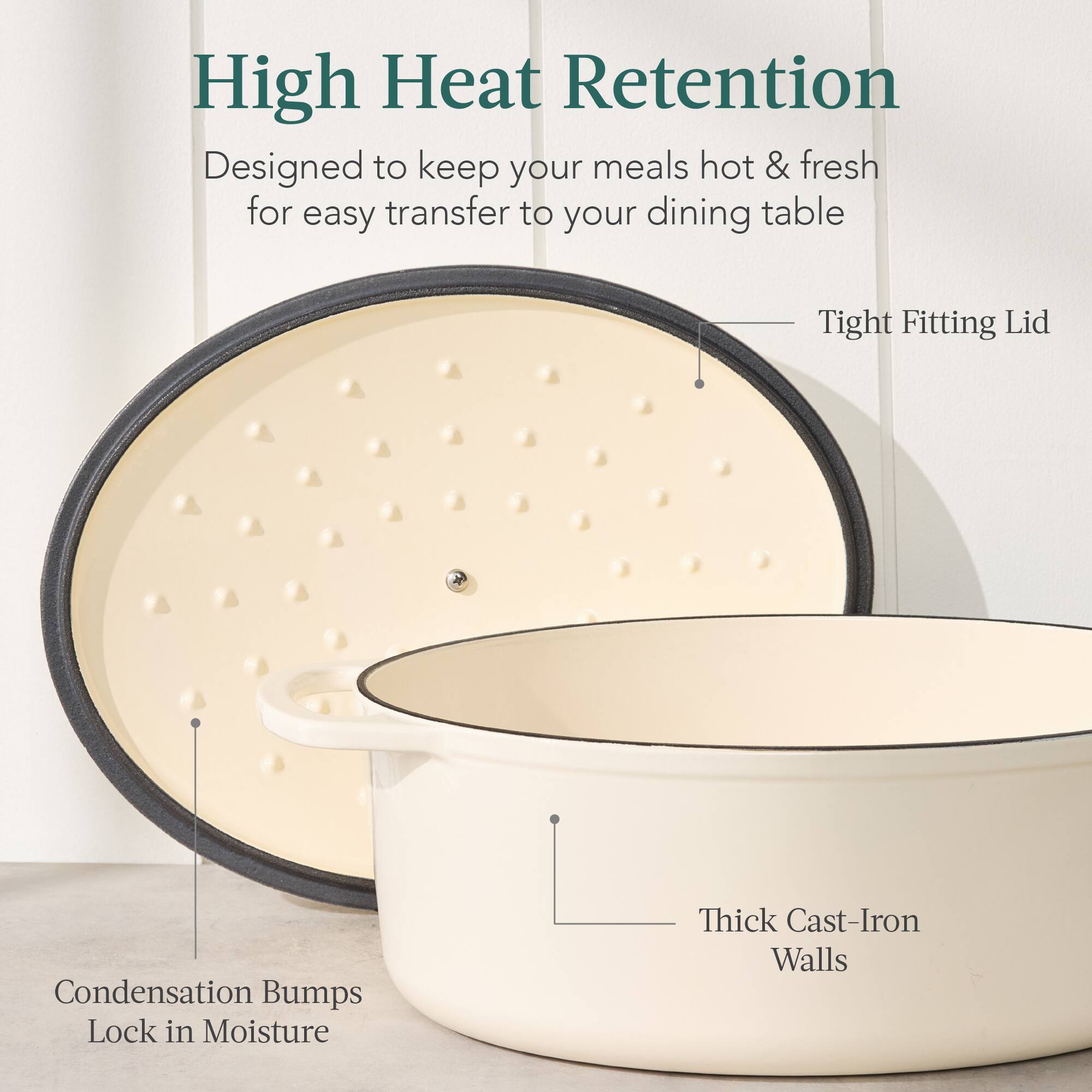 High Heat Retention  
Designed to keep your meals hot & fresh for easy transfer to your dining table  

- Tight Fitting Lid  
- Condensation Bumps Lock in Moisture  
- Thick Cast-Iron Walls