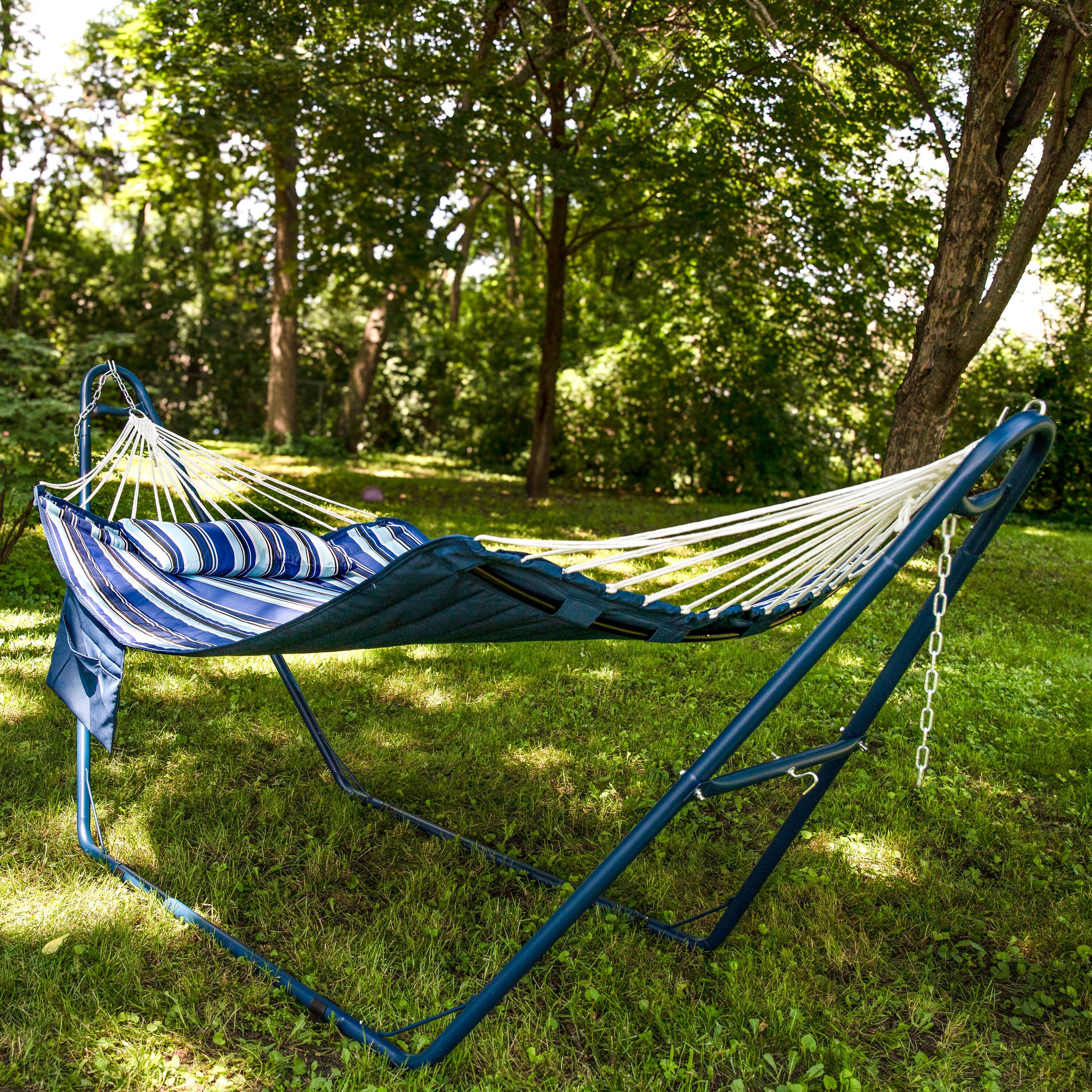 Alt View 3. Sunnydaze - Metal Spreader Bar Hammock with Pillow - Catalina Beach.